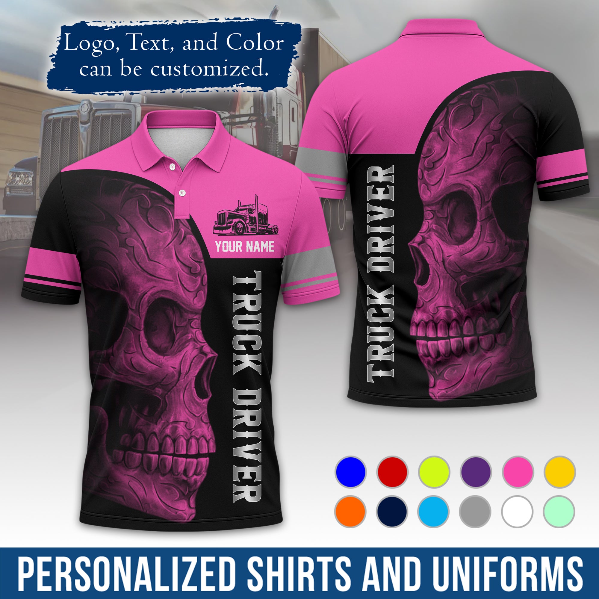 Custom Polo Shirt for Semi Truck Drivers, Personalized Logo, Company Text & Contact Info PL06