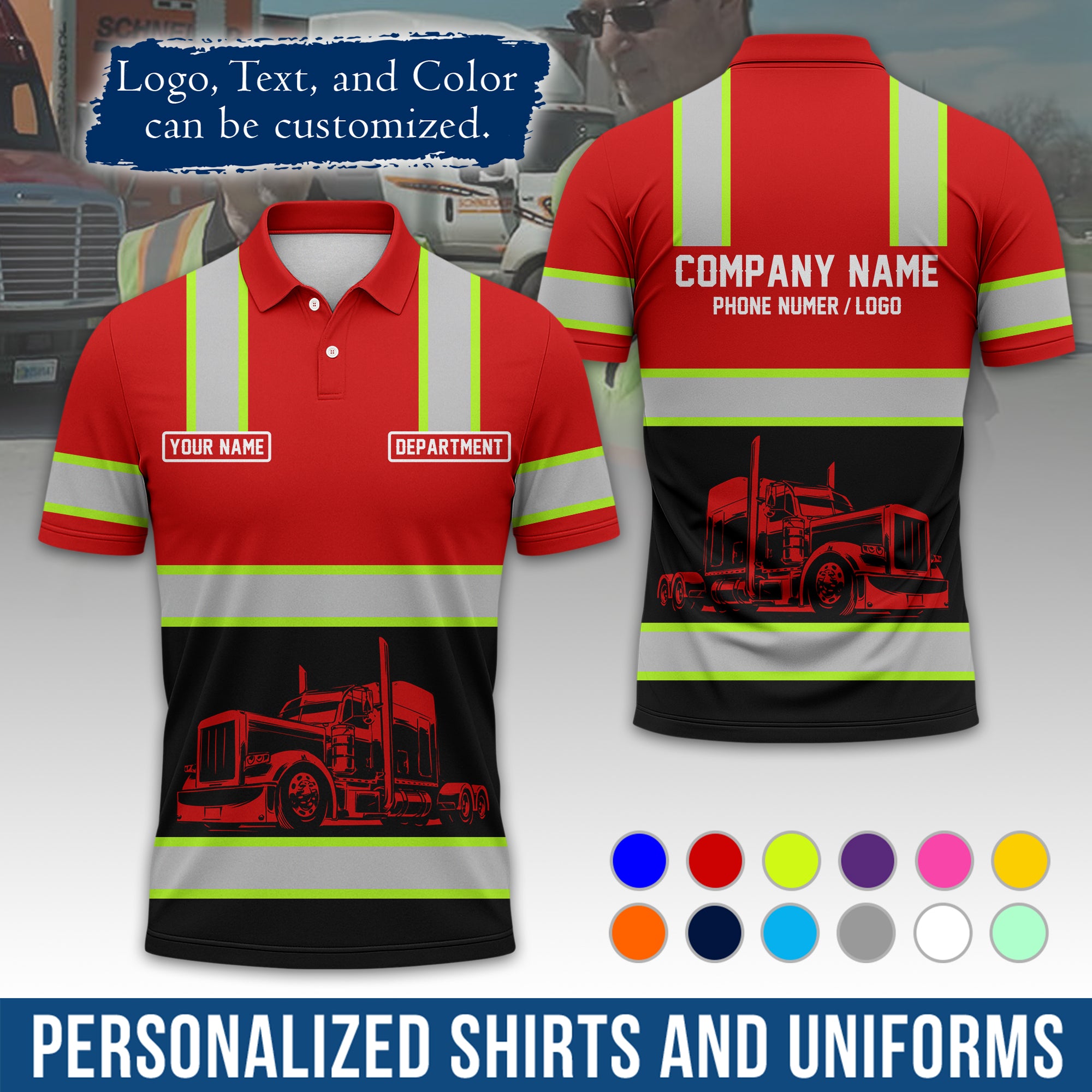 Custom Polo Shirt for Semi Truck Drivers, Personalized Logo, Company Text & Contact Info PL03