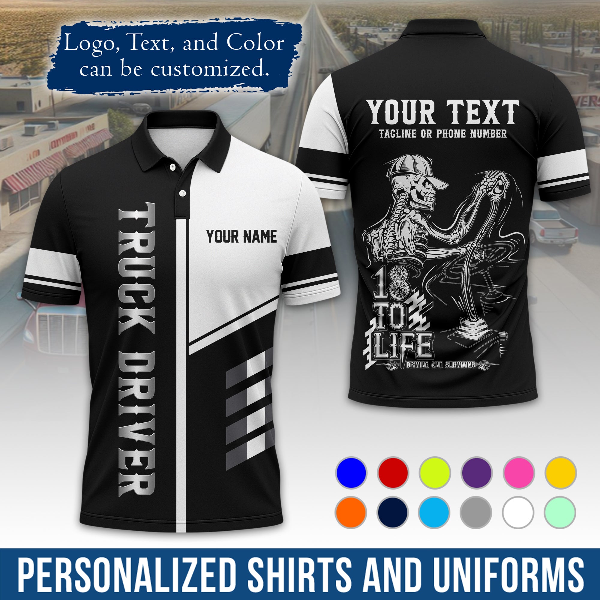 Custom Polo Shirt for Semi Truck Drivers, Personalized Logo, Company Text & Contact Info PL07