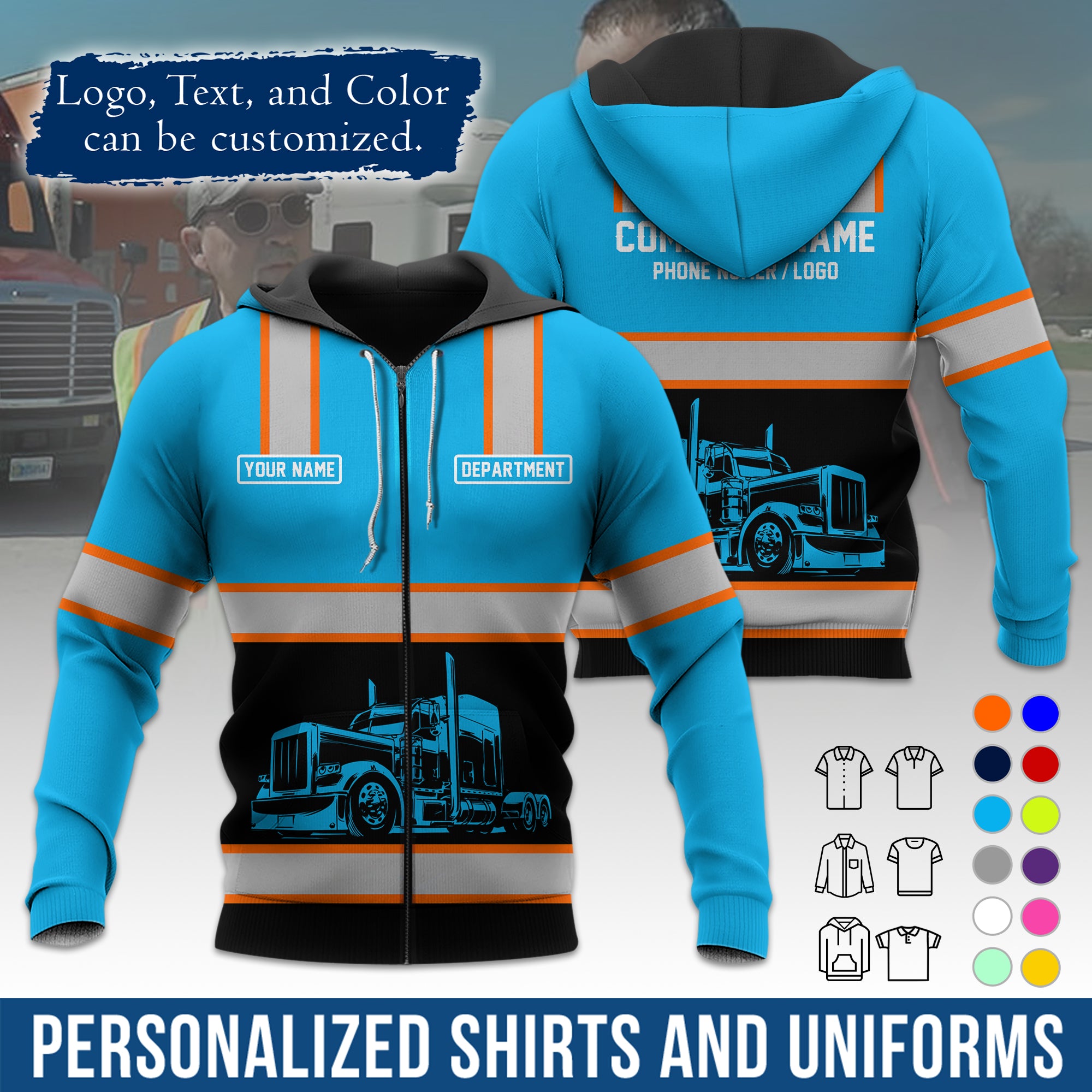 Custom Hoodie Uniform for Semi Truck Drivers, Add Your Company Logo, Text & Phone Number HD03