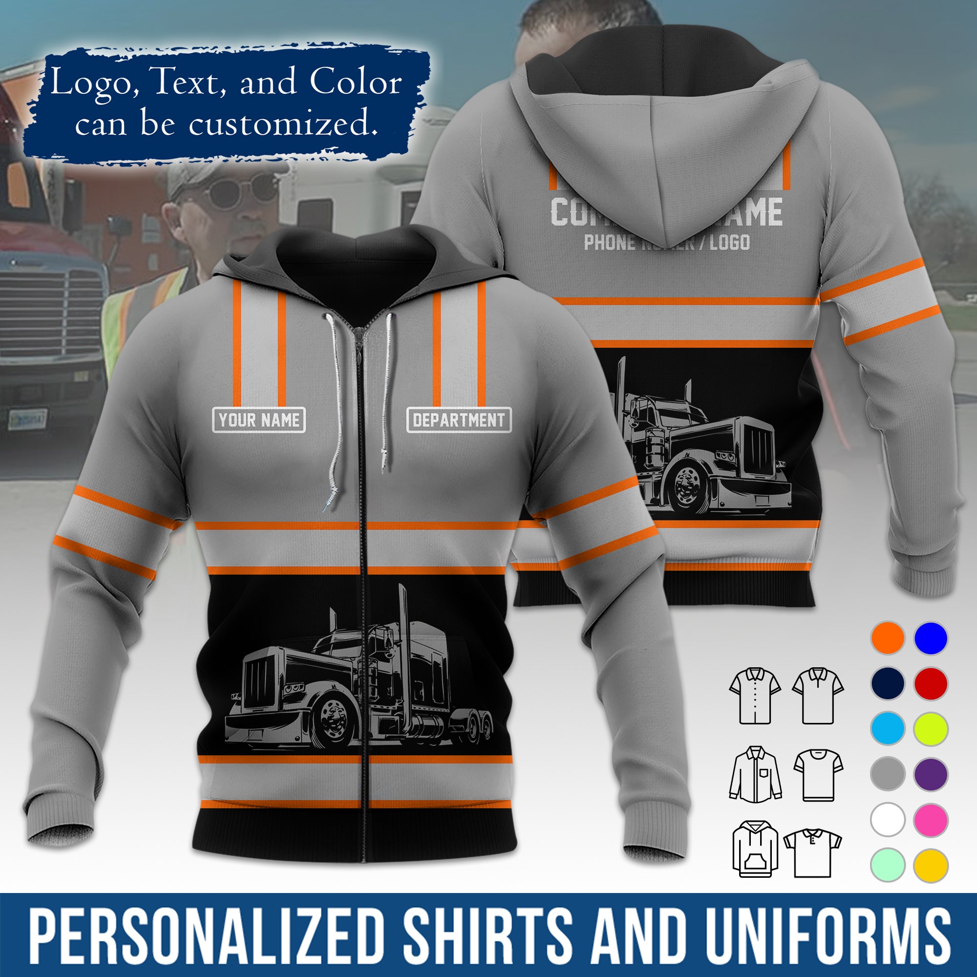 Custom Hoodie Uniform for Semi Truck Drivers, Add Your Company Logo, Text & Phone Number HD03