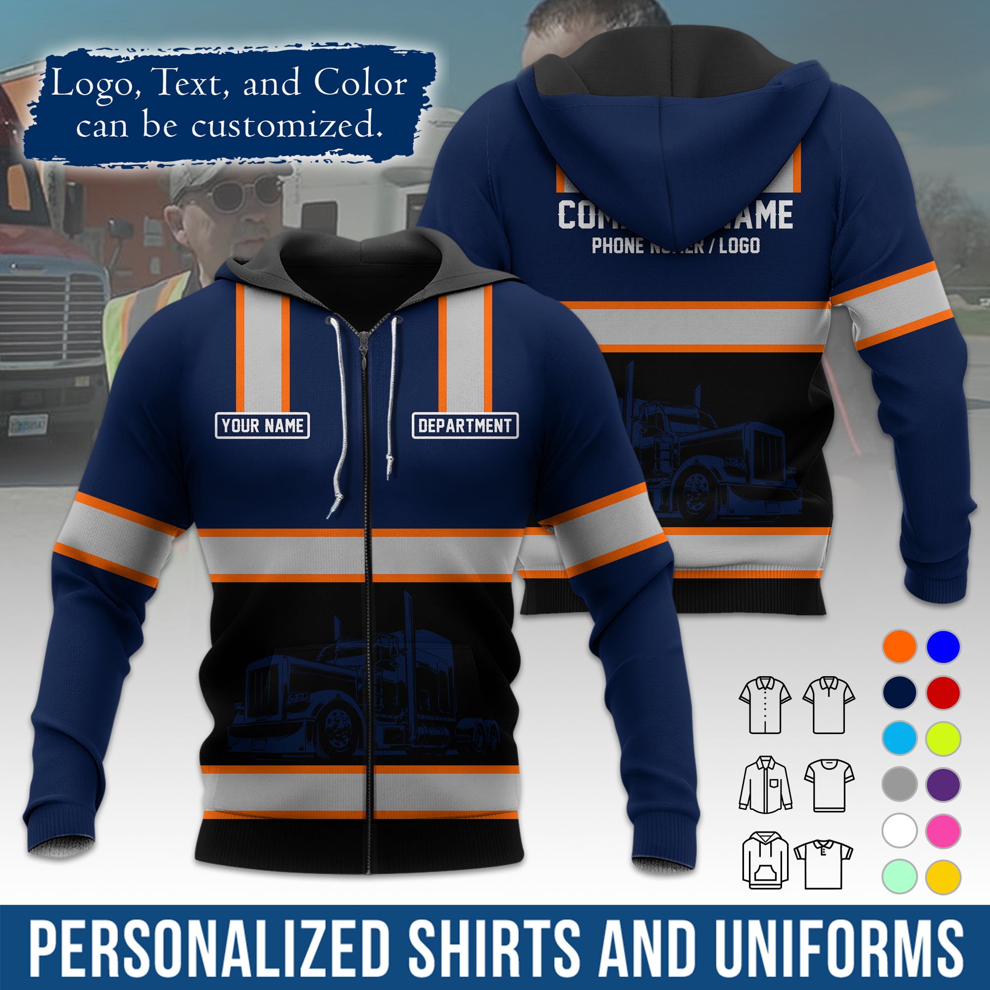 Custom Hoodie Uniform for Semi Truck Drivers, Add Your Company Logo, Text & Phone Number HD03