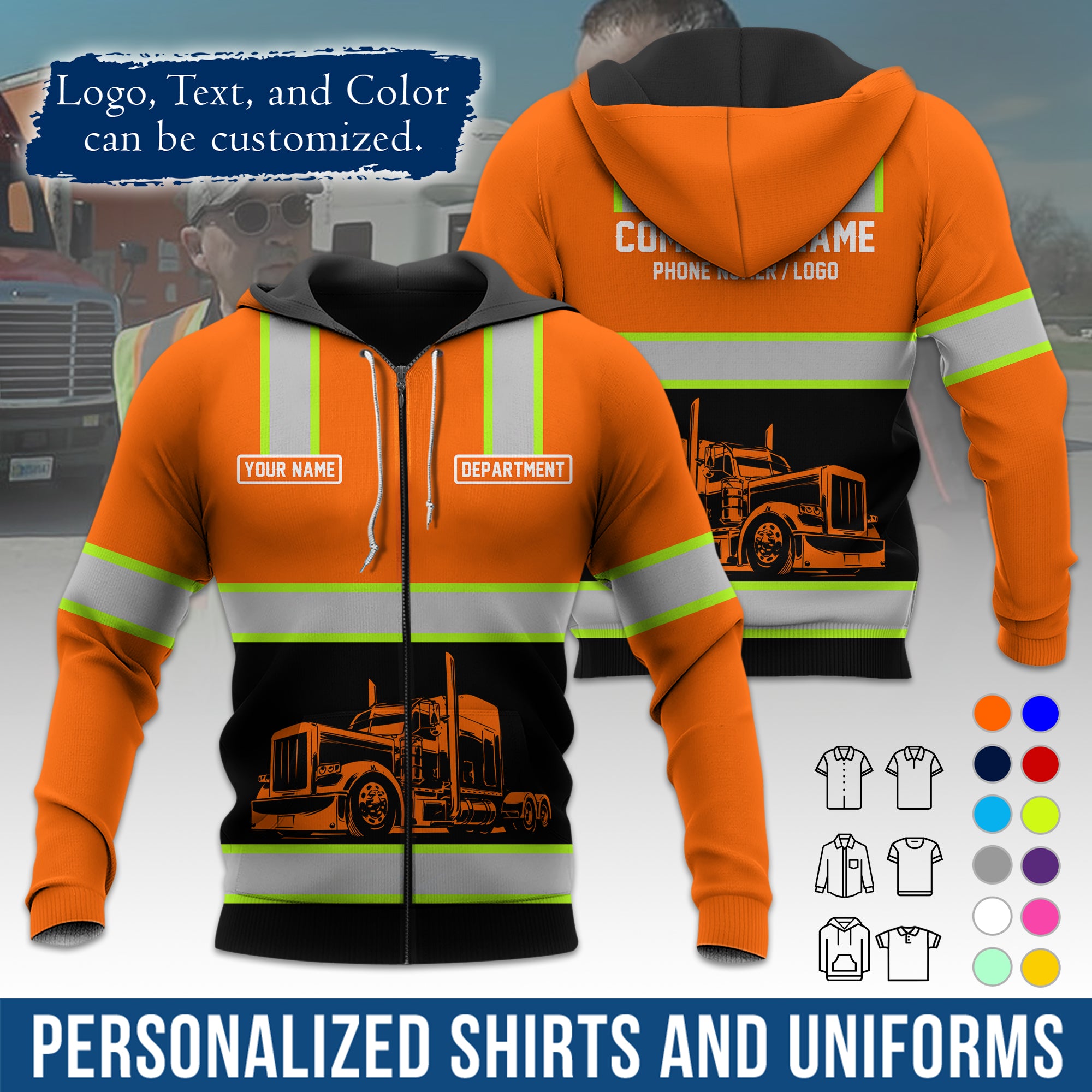 Custom Hoodie Uniform for Semi Truck Drivers, Add Your Company Logo, Text & Phone Number HD03