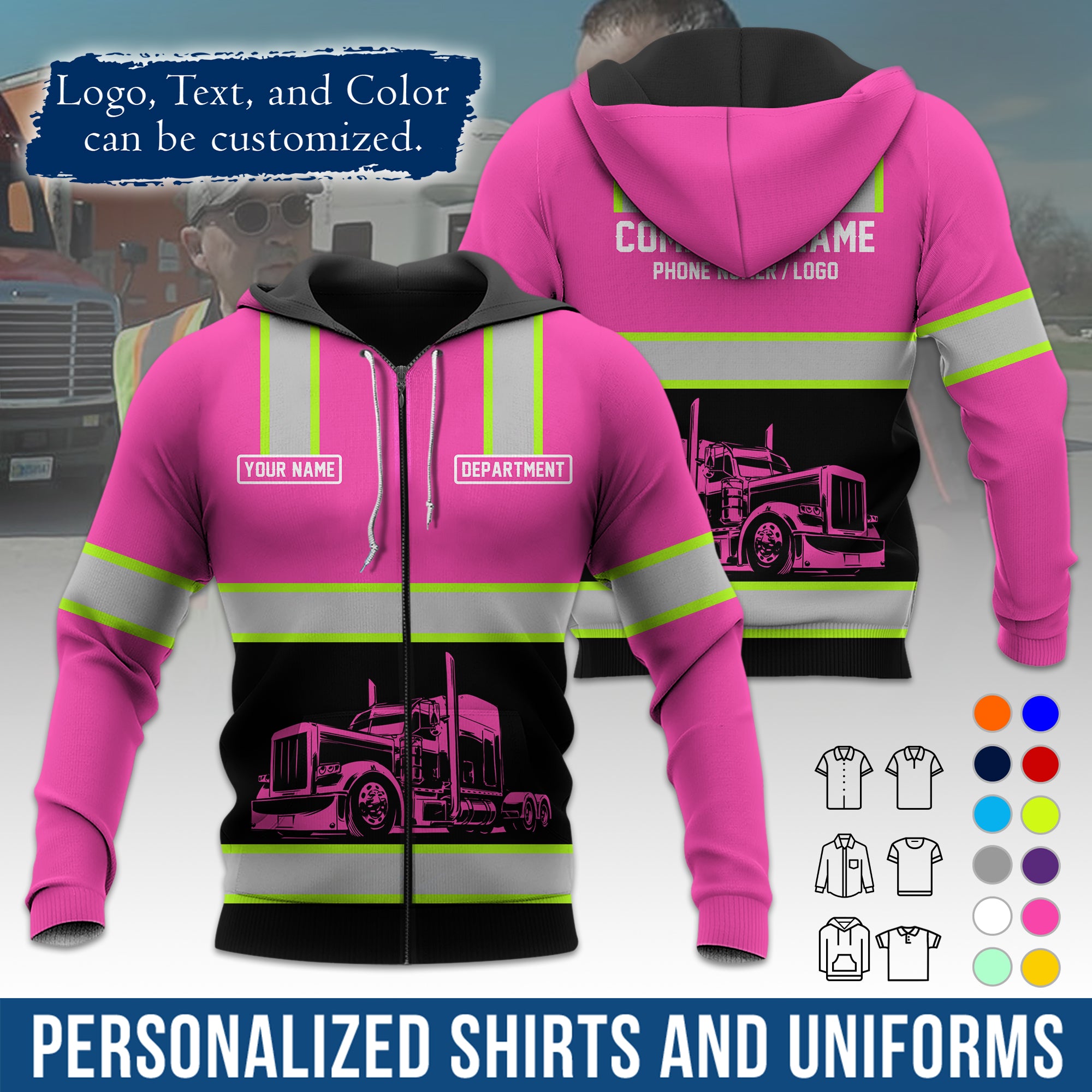 Custom Hoodie Uniform for Semi Truck Drivers, Add Your Company Logo, Text & Phone Number HD03