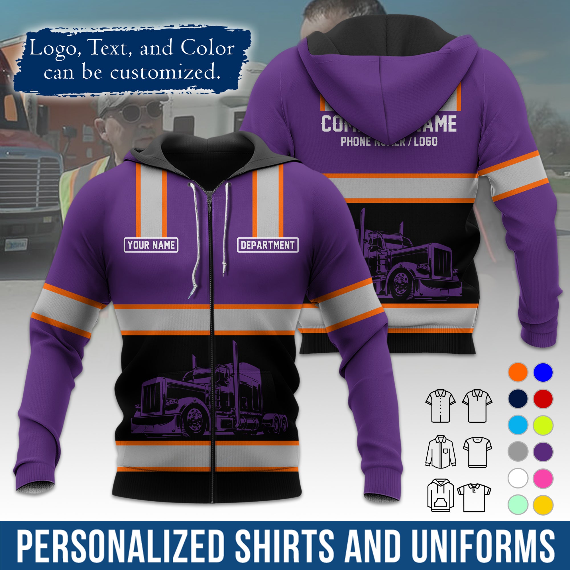 Custom Hoodie Uniform for Semi Truck Drivers, Add Your Company Logo, Text & Phone Number HD03
