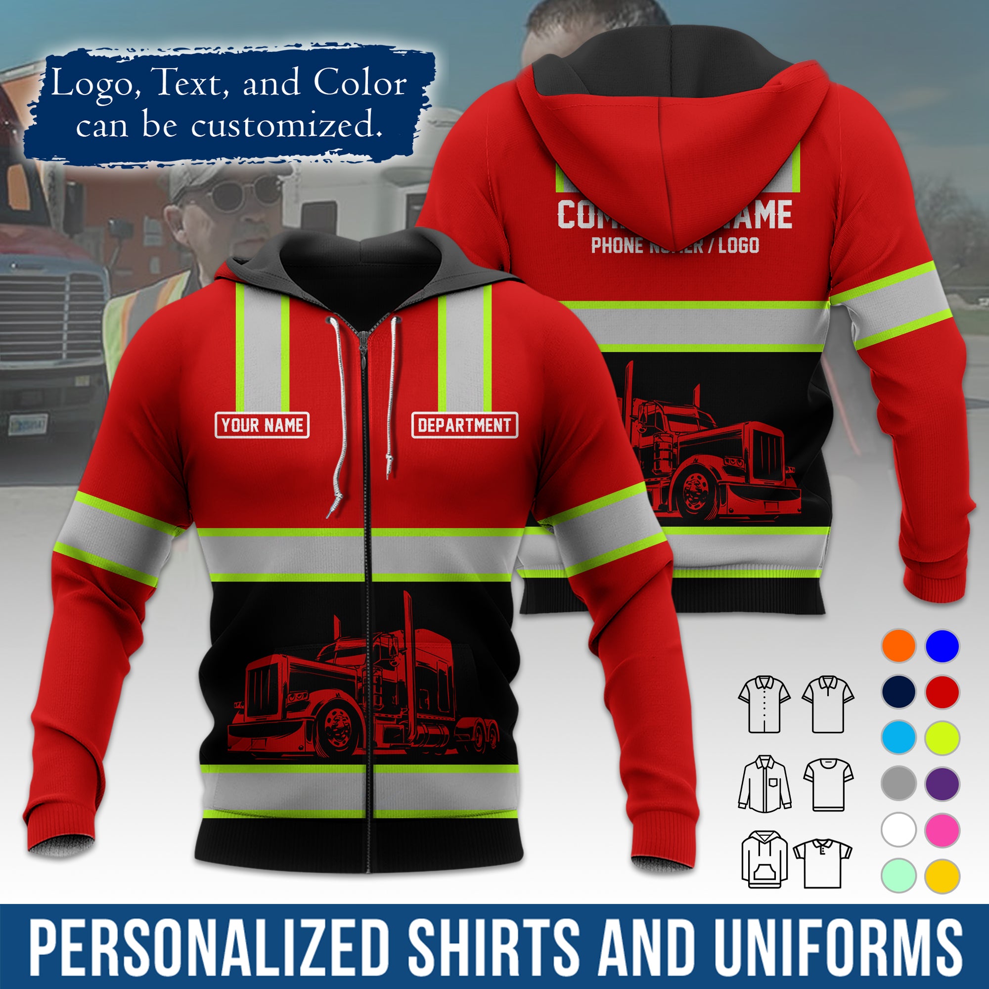 Custom Hoodie Uniform for Semi Truck Drivers, Add Your Company Logo, Text & Phone Number HD03