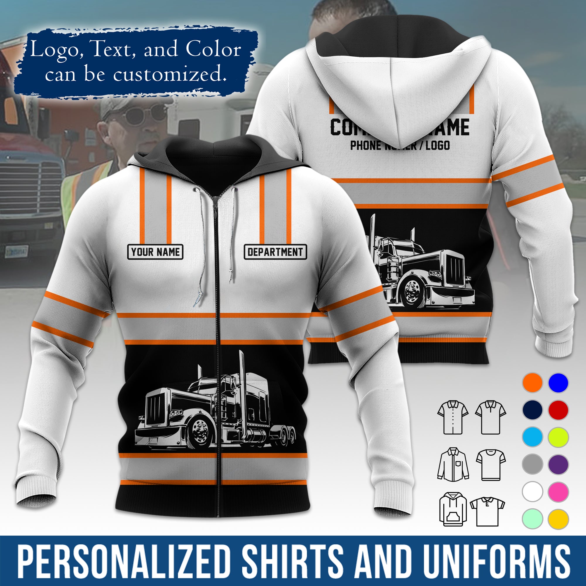 Custom Hoodie Uniform for Semi Truck Drivers, Add Your Company Logo, Text & Phone Number HD03
