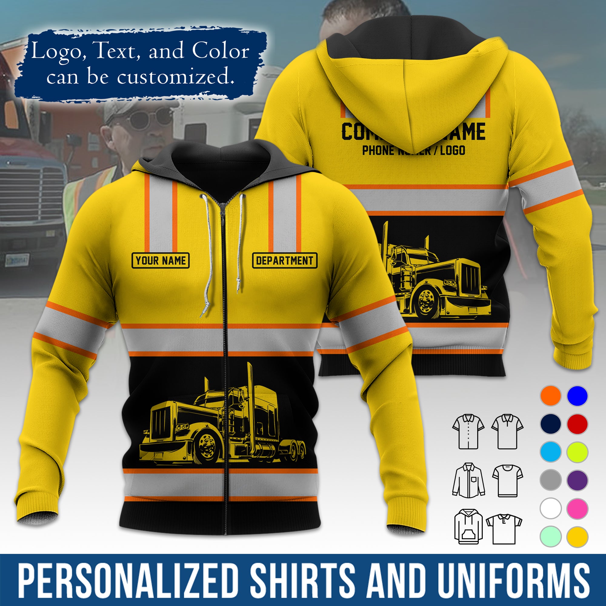 Custom Hoodie Uniform for Semi Truck Drivers, Add Your Company Logo, Text & Phone Number HD03