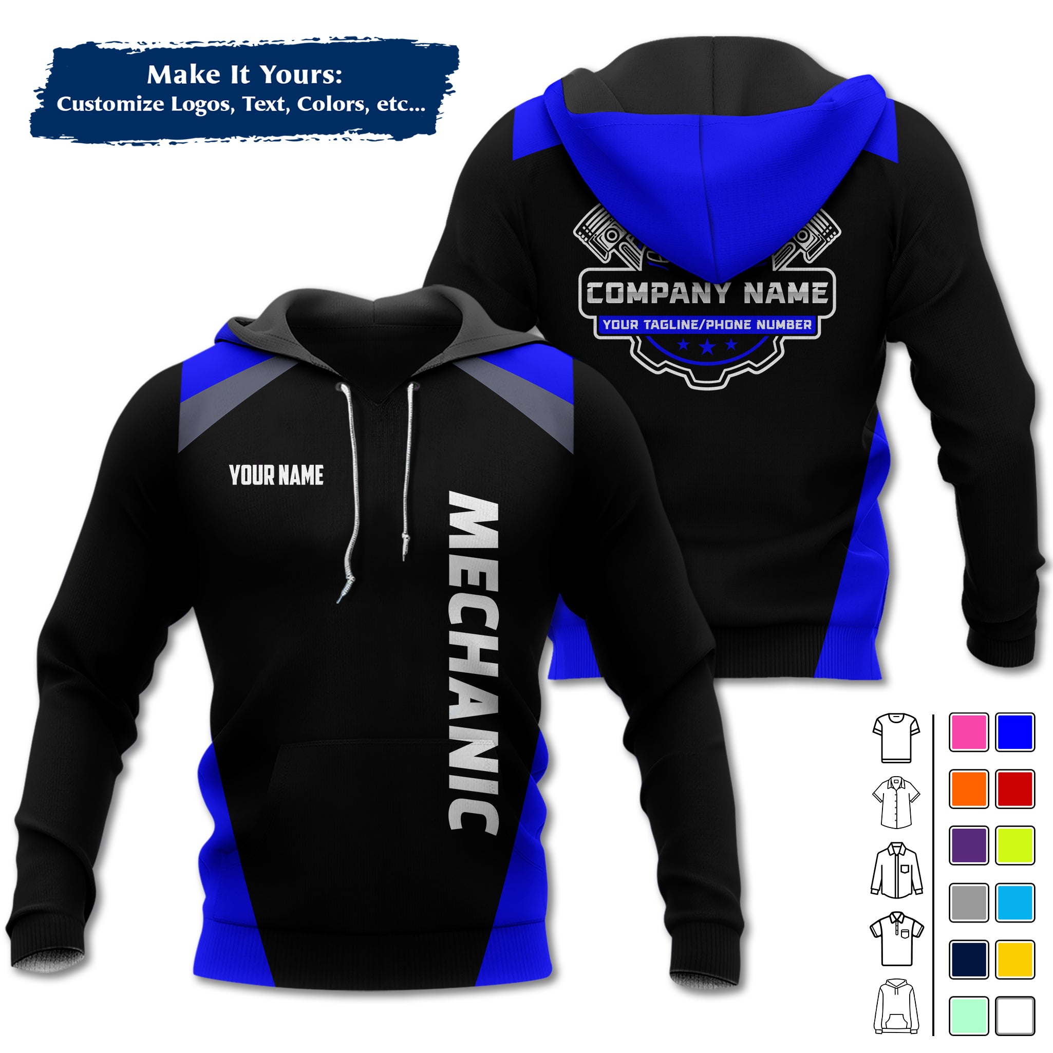 Custom Mechanic Work Hoodie Add Your Garage Logo, Name & Contact Info, Personalized Auto Repair Uniform Hoodie MCNHD03