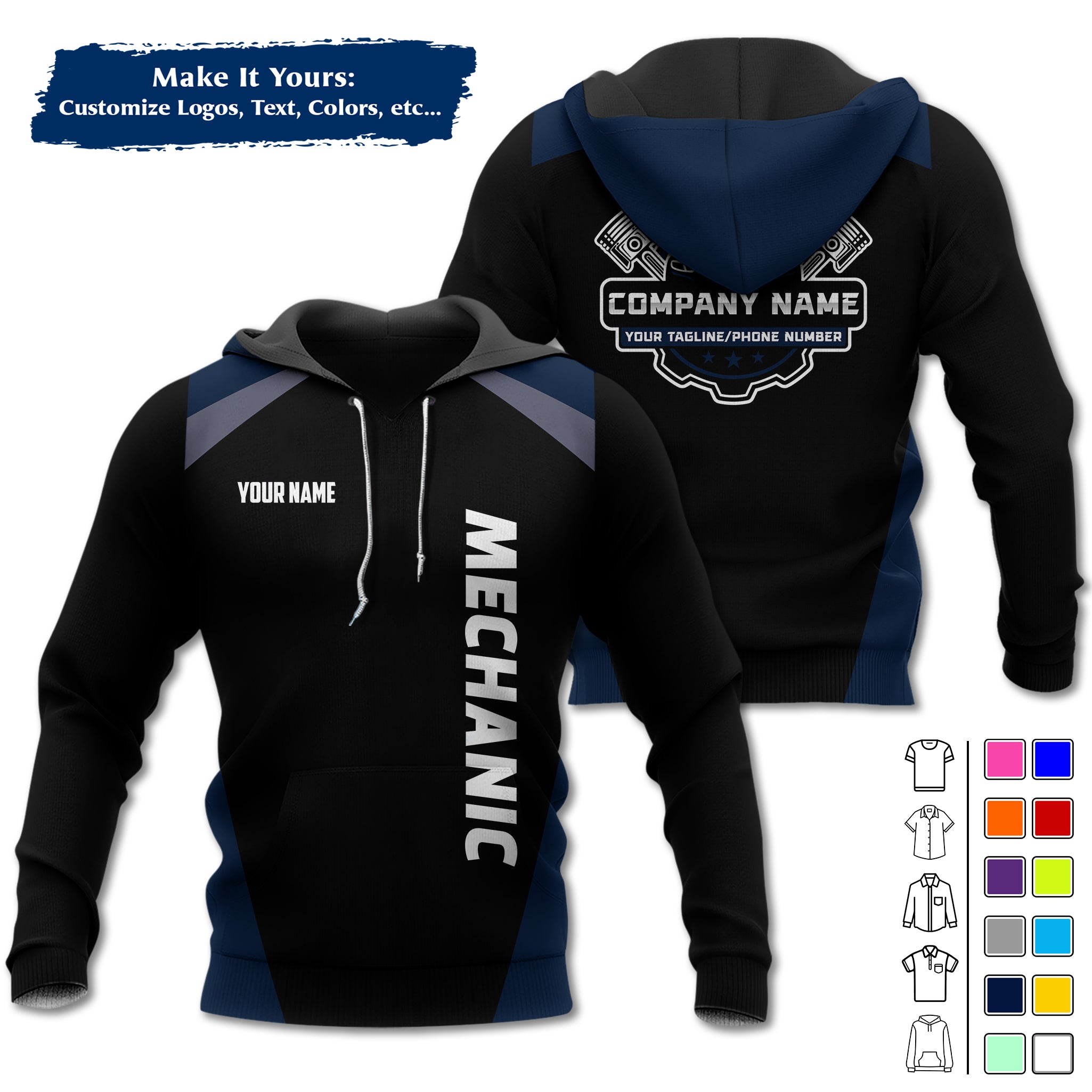 Custom Mechanic Work Hoodie Add Your Garage Logo, Name & Contact Info, Personalized Auto Repair Uniform Hoodie MCNHD03