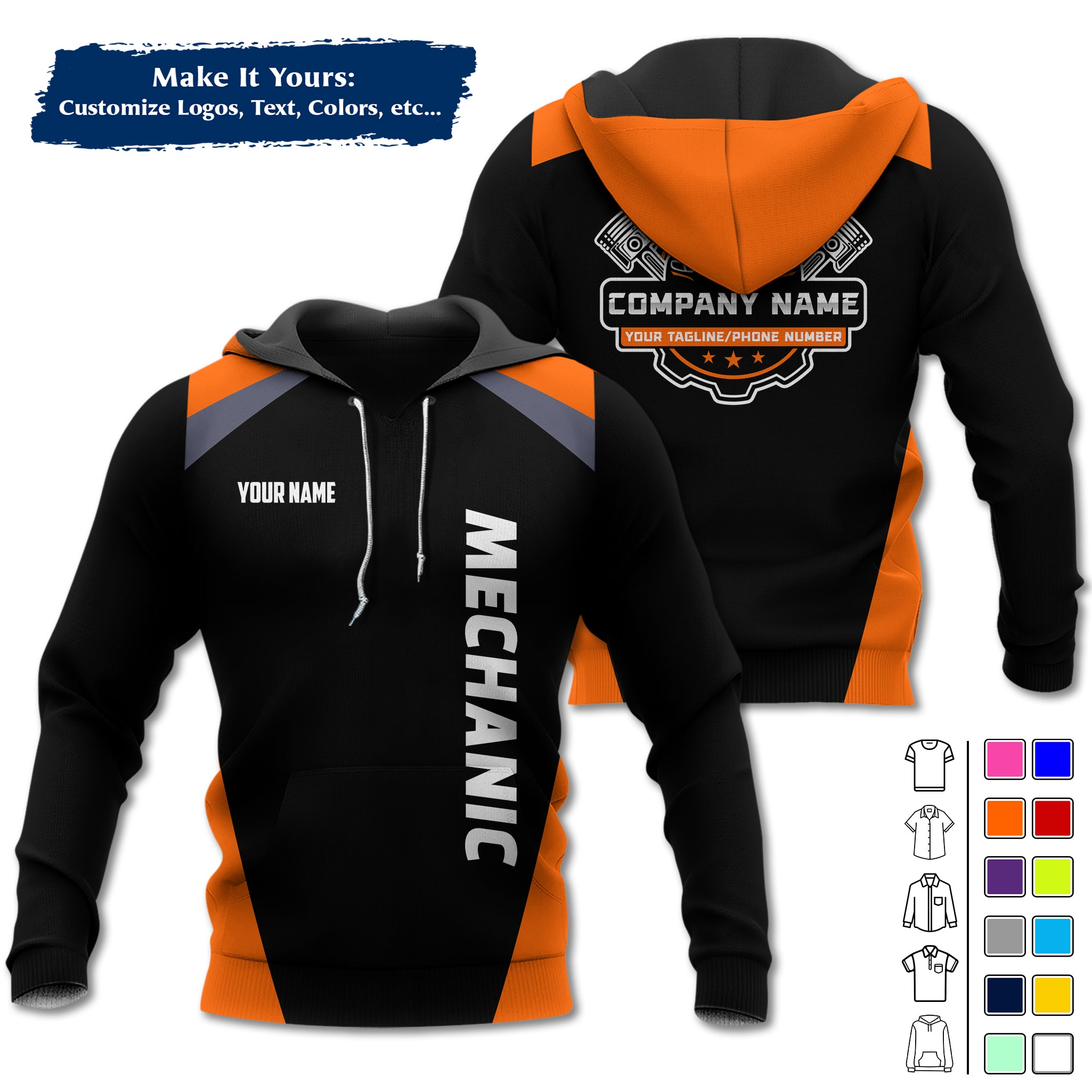 Custom Mechanic Work Hoodie Add Your Garage Logo, Name & Contact Info, Personalized Auto Repair Uniform Hoodie MCNHD03