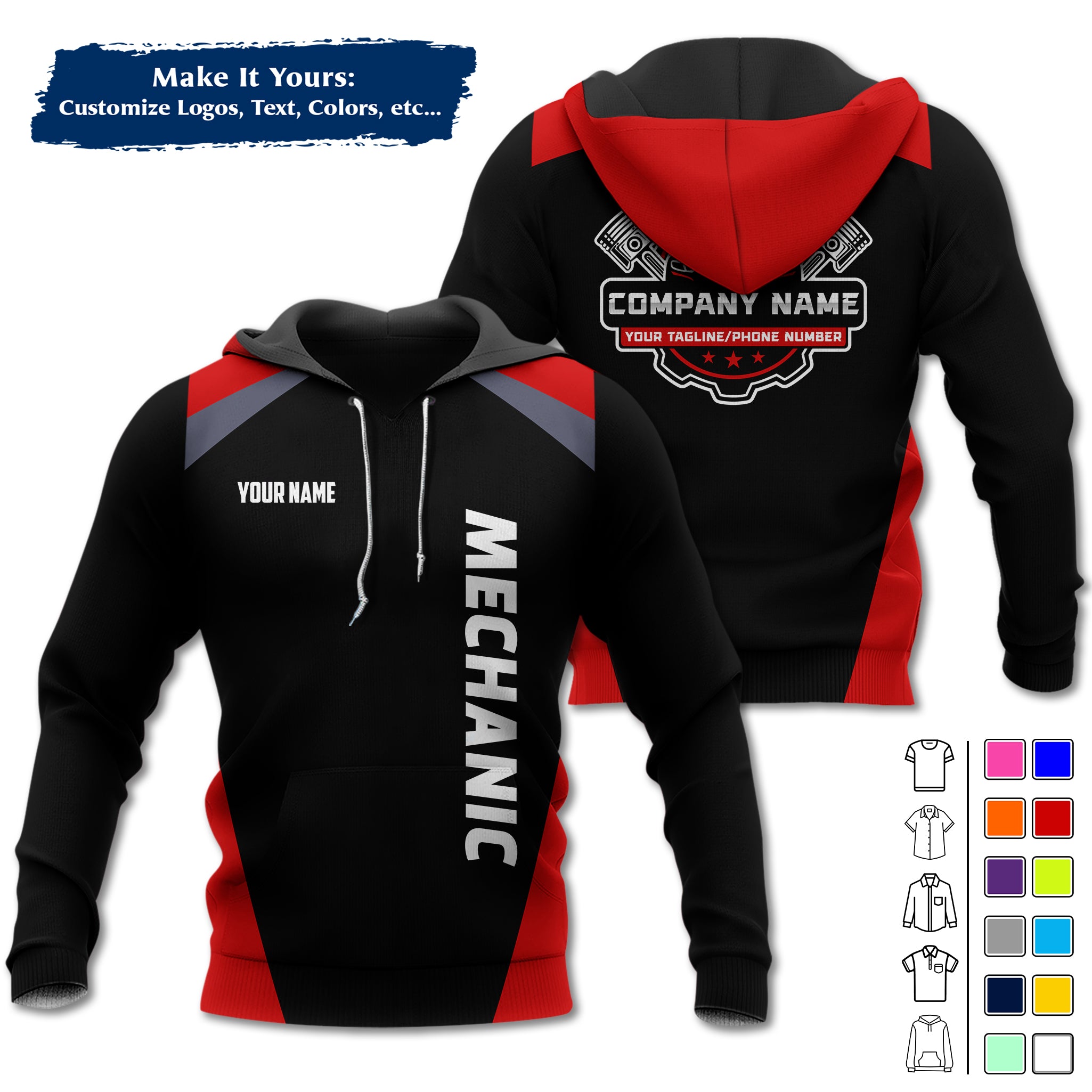 Custom Mechanic Work Hoodie Add Your Garage Logo, Name & Contact Info, Personalized Auto Repair Uniform Hoodie MCNHD03