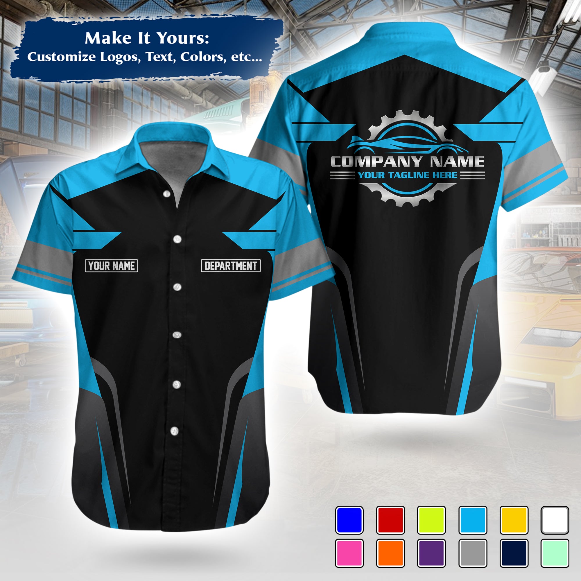 Custom Hawaiian Work Shirt for Auto Mechanics, Add Garage Logo, Name & Contact Info MCNHW01
