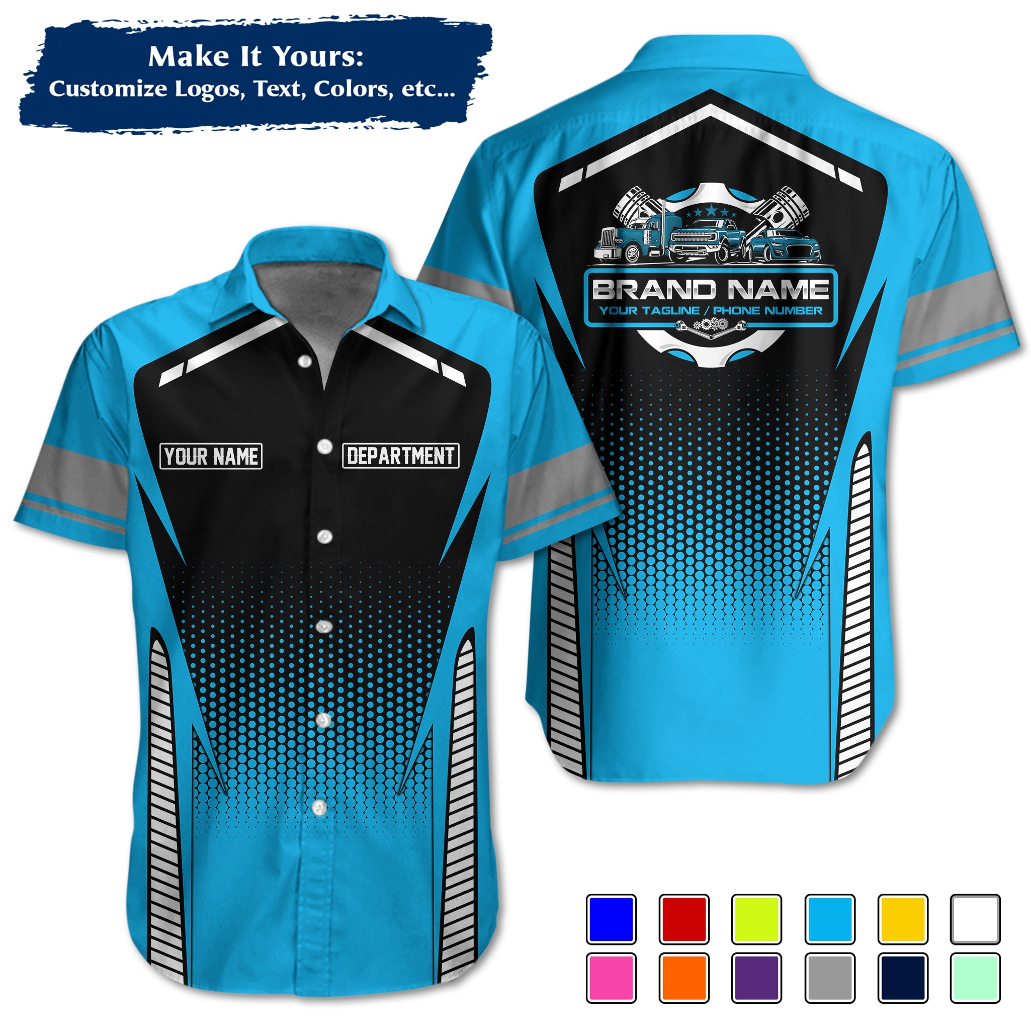 Custom Hawaiian Work Shirt for Auto Mechanics, Add Garage Logo, Name & Contact Info MCNHW15