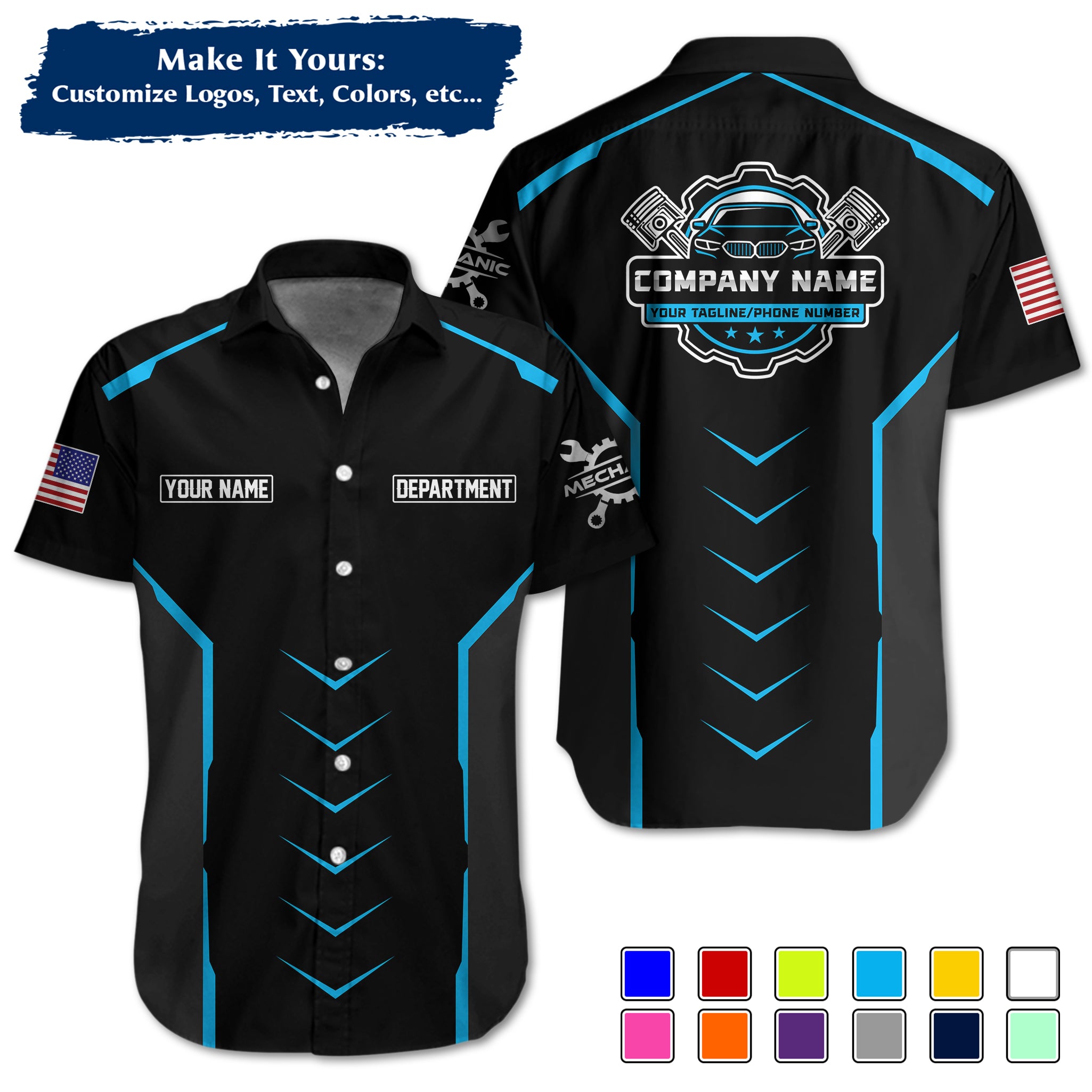 Custom Hawaiian Work Shirt for Auto Mechanics, Add Garage Logo, Name & Contact Info MCNHW35