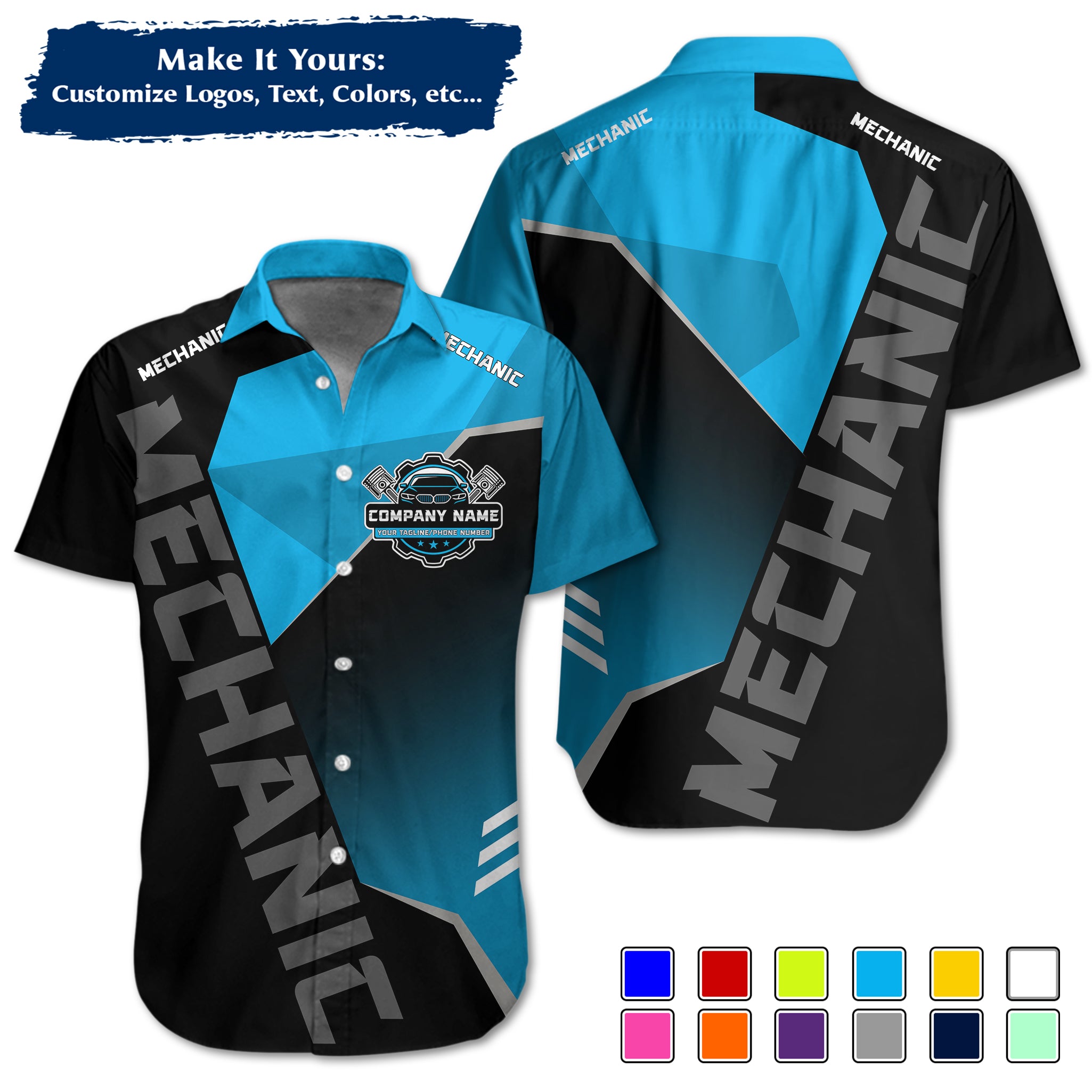 Custom Hawaiian Work Shirt for Auto Mechanics, Add Garage Logo, Name & Contact Info MCNHW21