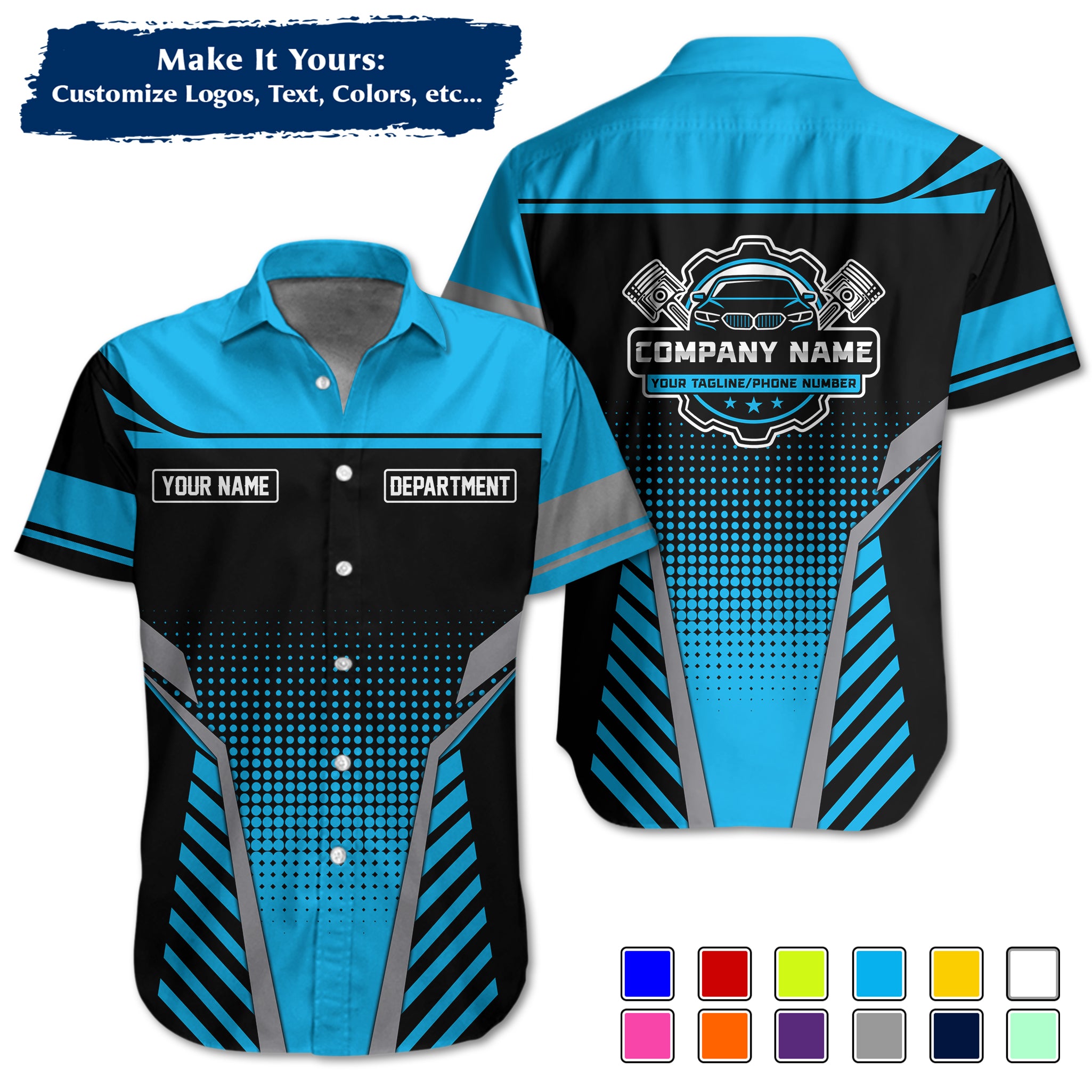 Custom Hawaiian Work Shirt for Auto Mechanics, Add Garage Logo, Name & Contact Info MCNHW10