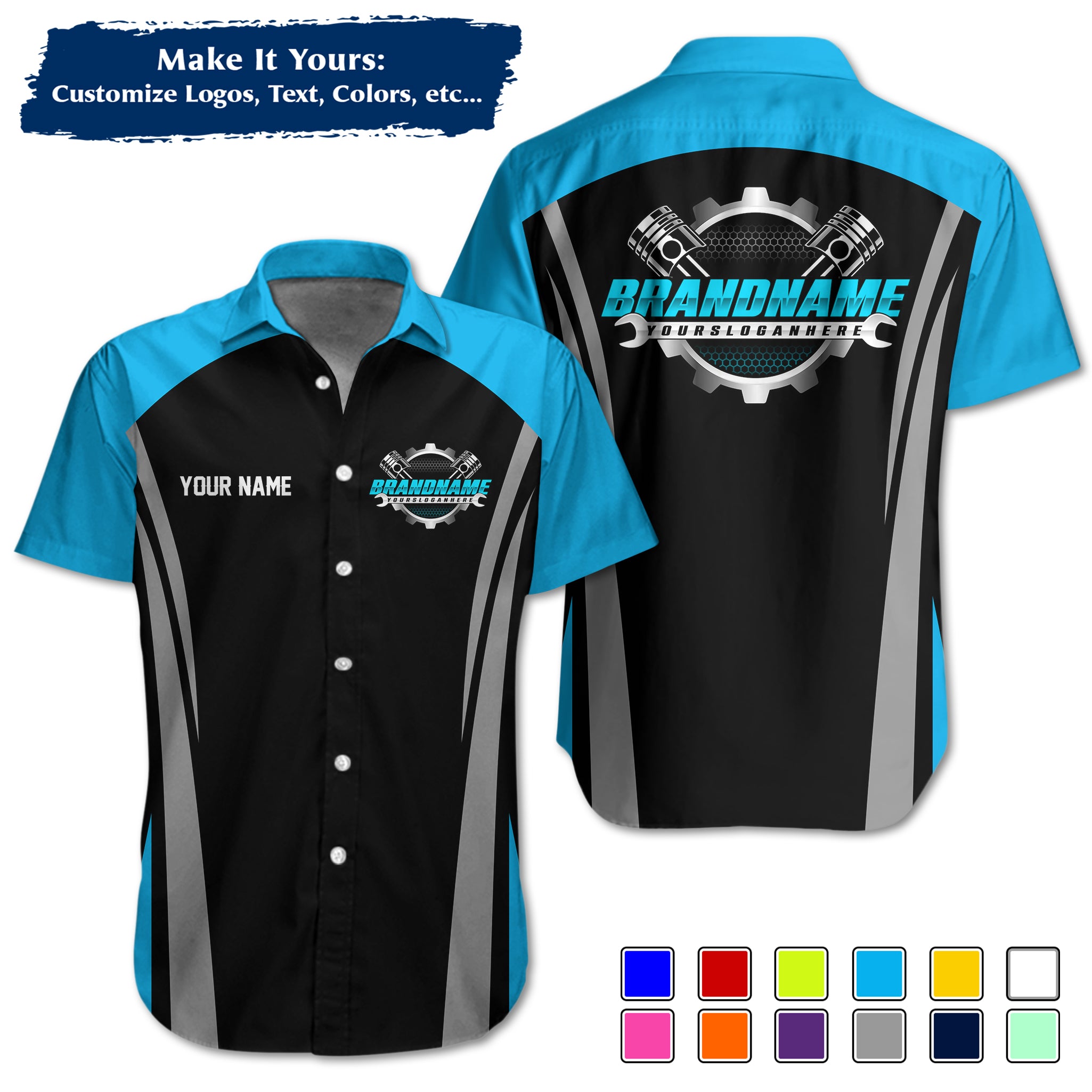 Custom Hawaiian Work Shirt for Auto Mechanics, Add Garage Logo, Name & Contact Info MCNHW36