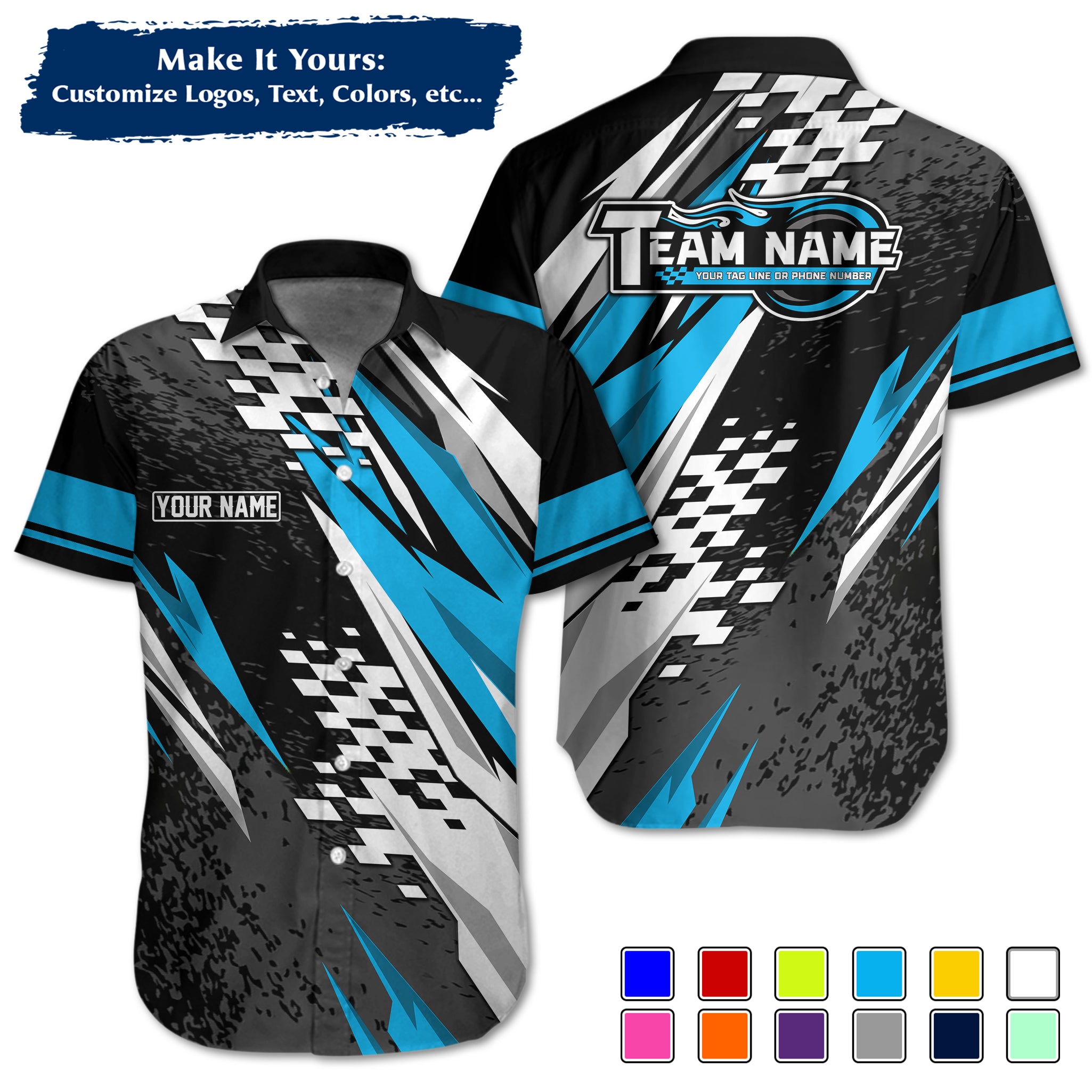 Custom Hawaiian Work Shirt for Race Team Crew Members, Add Team Logo, Name & Contact Info RCHW19