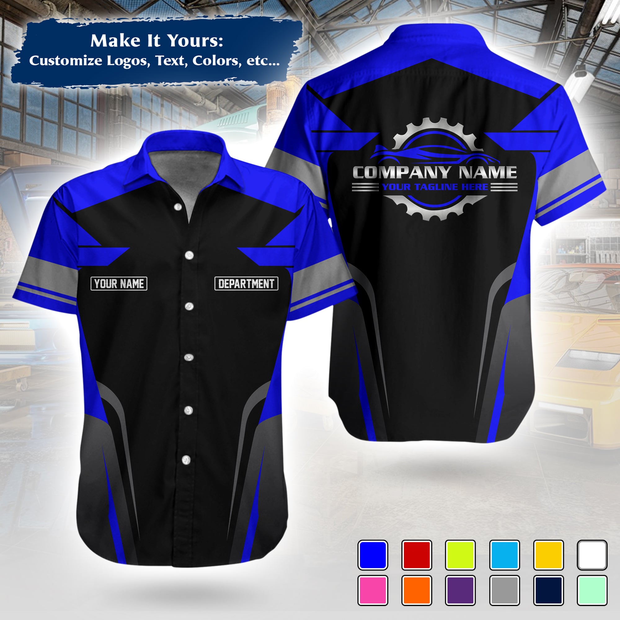 Custom Hawaiian Work Shirt for Auto Mechanics, Add Garage Logo, Name & Contact Info MCNHW01