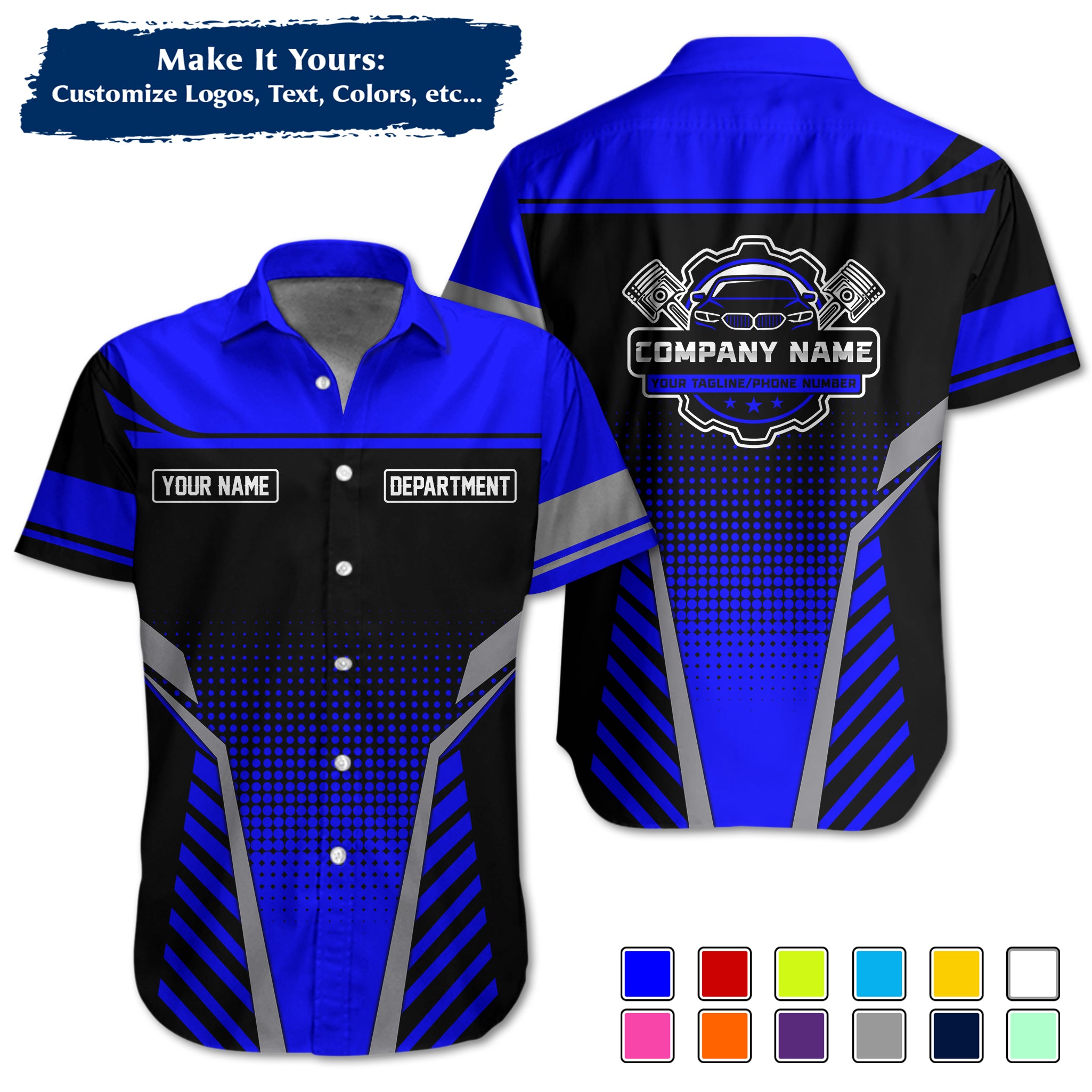 Custom Hawaiian Work Shirt for Auto Mechanics, Add Garage Logo, Name & Contact Info MCNHW10