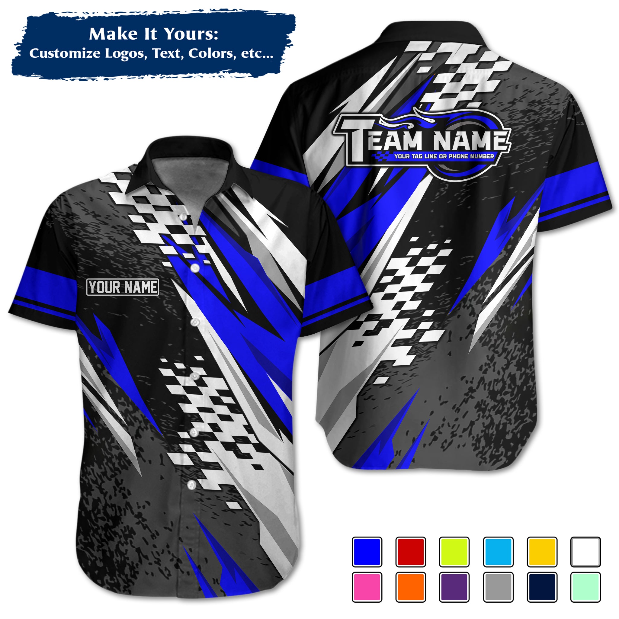 Custom Hawaiian Work Shirt for Race Team Crew Members, Add Team Logo, Name & Contact Info RCHW19