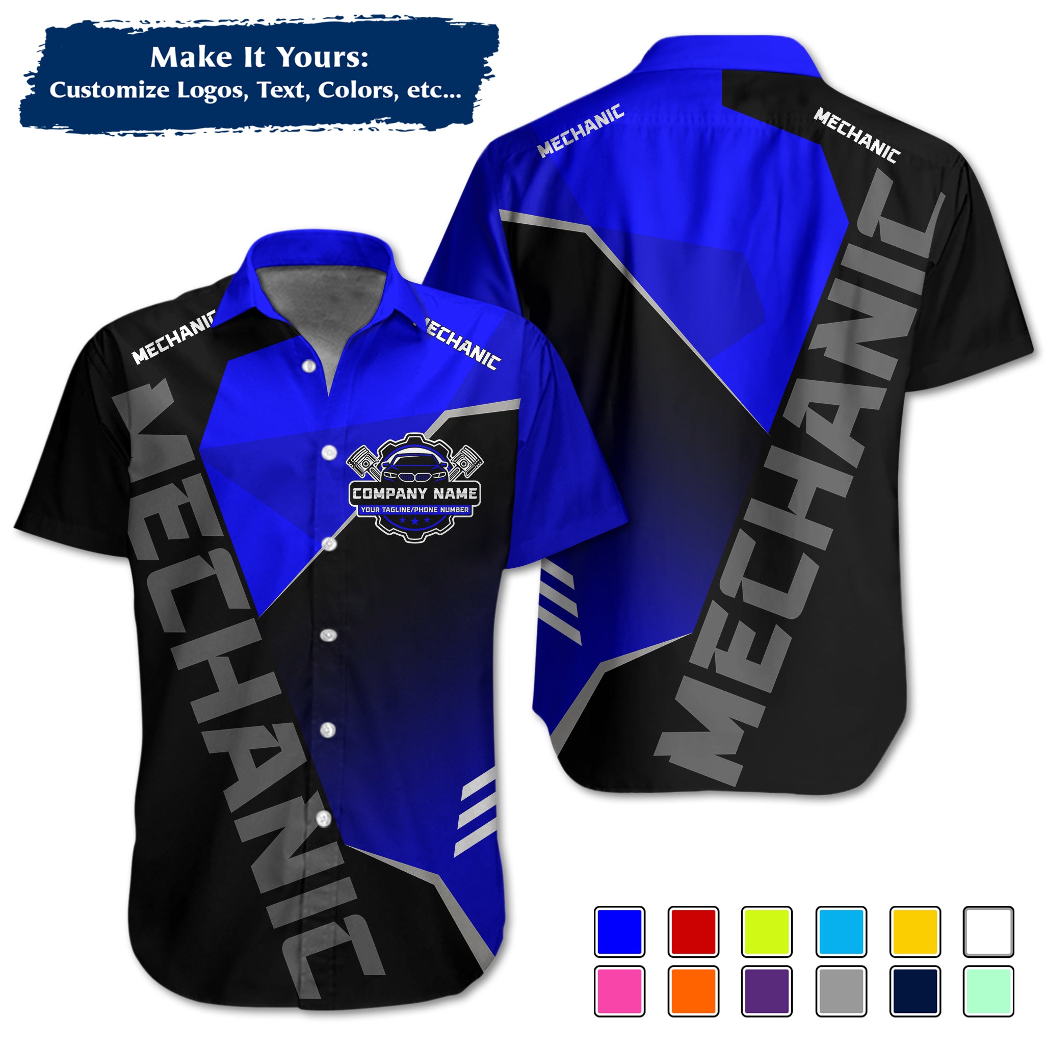Custom Hawaiian Work Shirt for Auto Mechanics, Add Garage Logo, Name & Contact Info MCNHW21