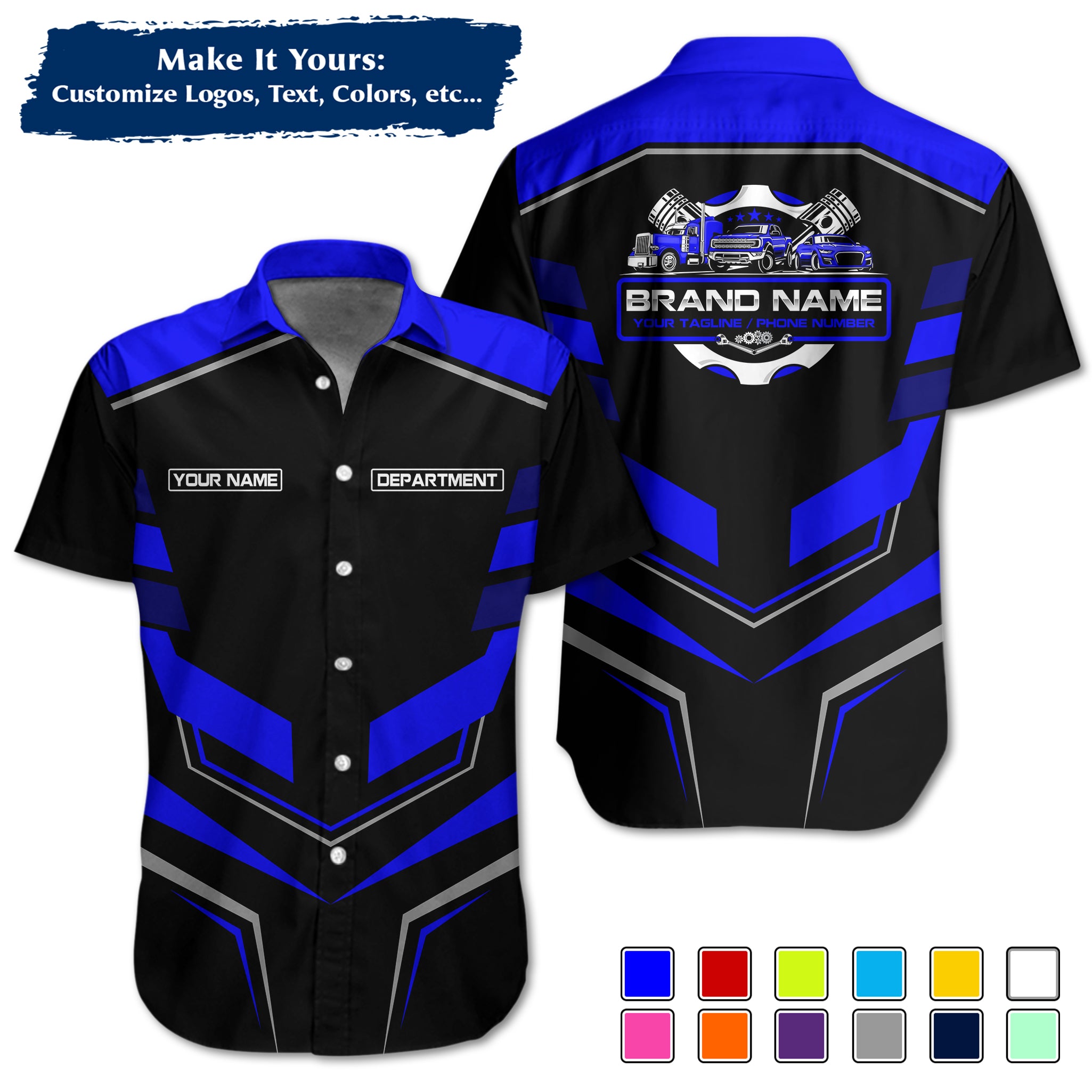Custom Hawaiian Work Shirt for Auto Mechanics, Add Garage Logo, Name & Contact Info MCNHW05