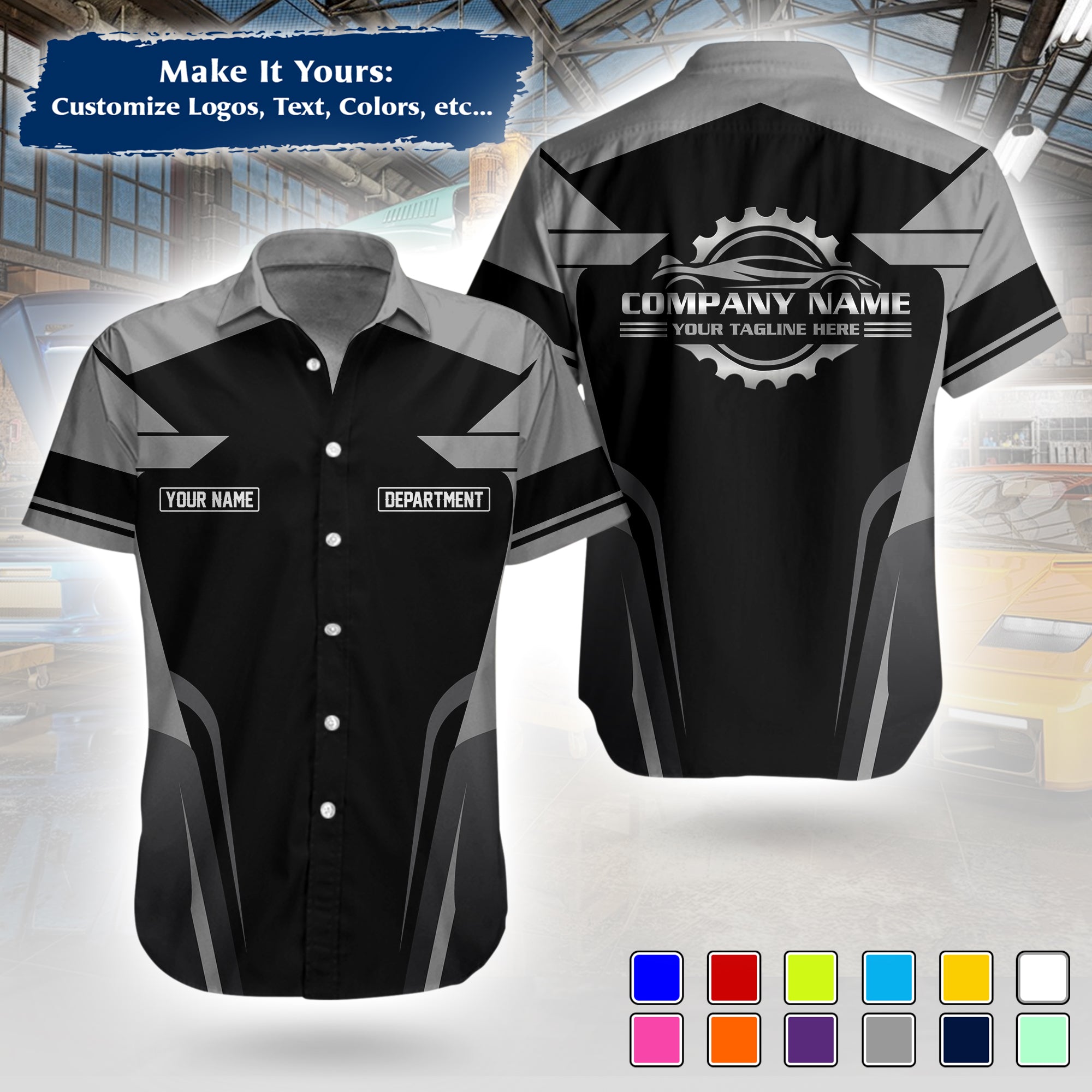 Custom Hawaiian Work Shirt for Auto Mechanics, Add Garage Logo, Name & Contact Info MCNHW01