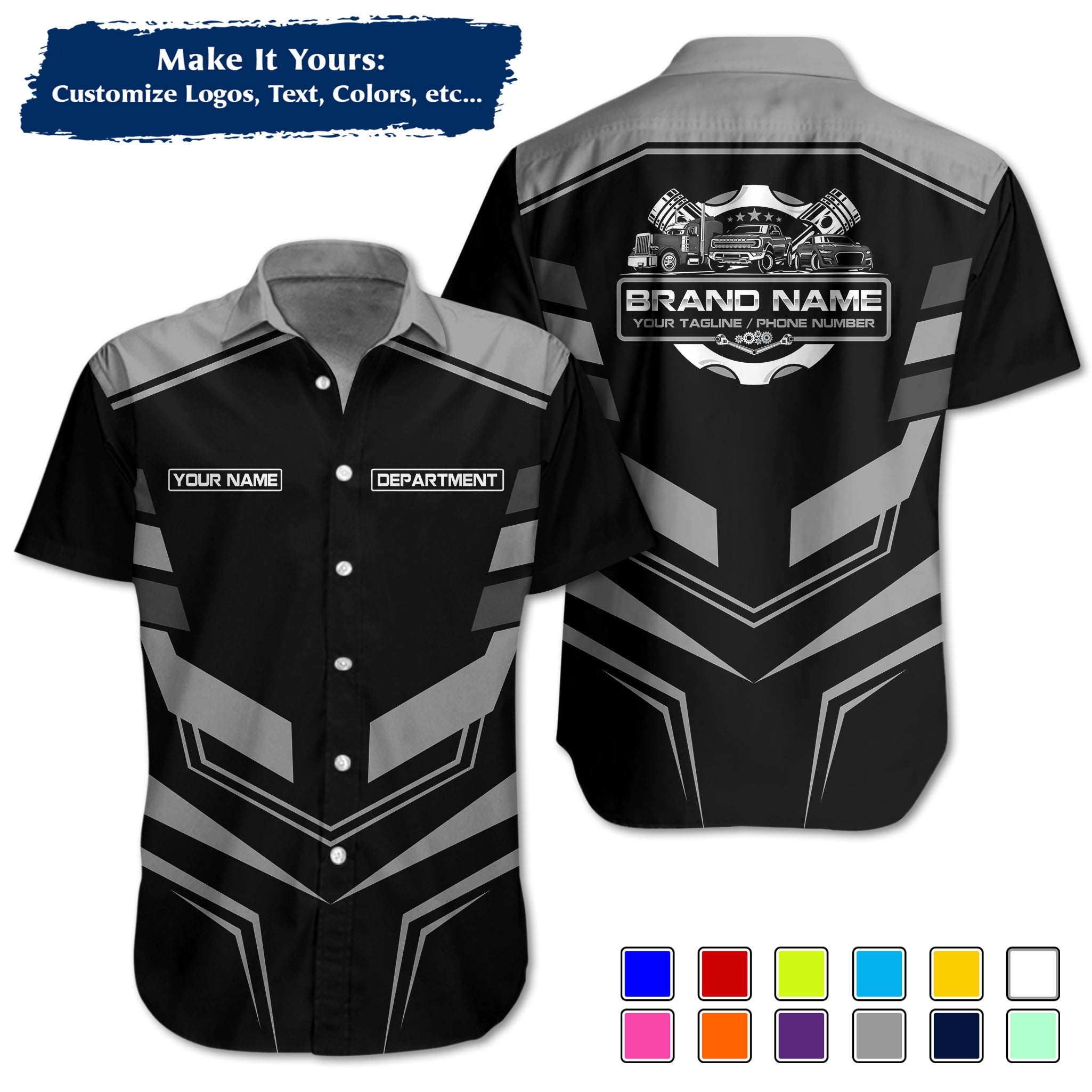 Custom Hawaiian Work Shirt for Auto Mechanics, Add Garage Logo, Name & Contact Info MCNHW05