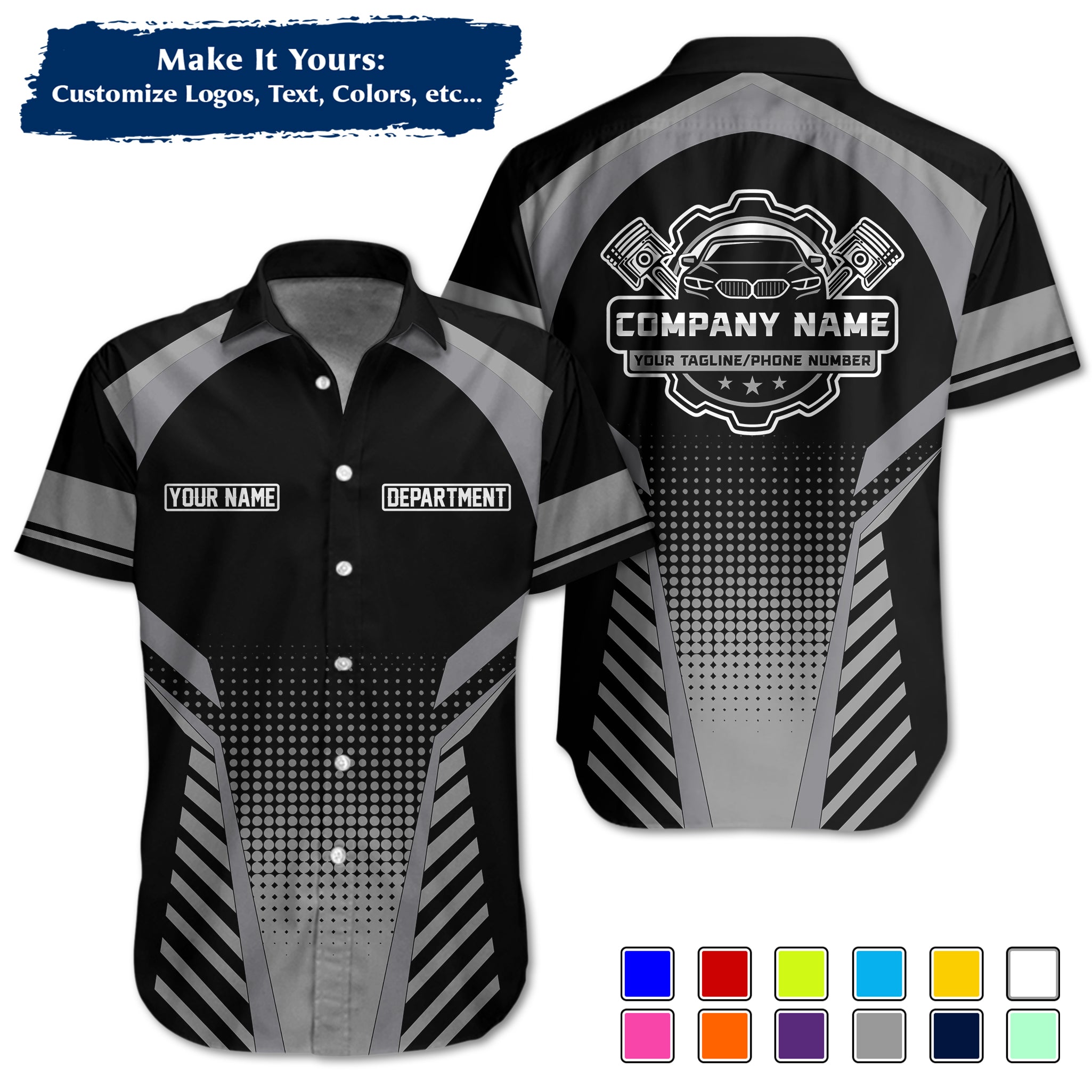 Custom Hawaiian Work Shirt for Auto Mechanics, Add Garage Logo, Name & Contact Info MCNHW14
