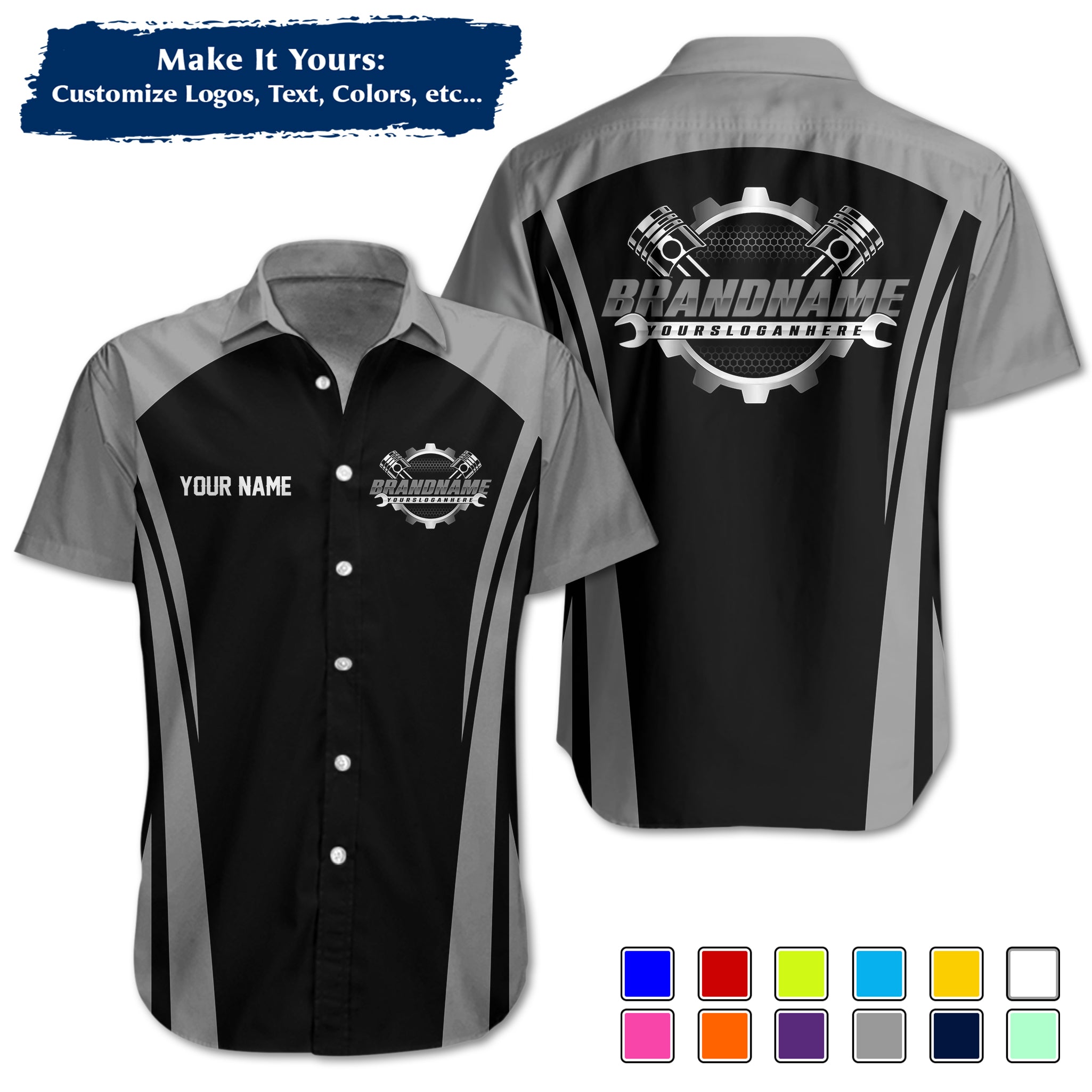 Custom Hawaiian Work Shirt for Auto Mechanics, Add Garage Logo, Name & Contact Info MCNHW36