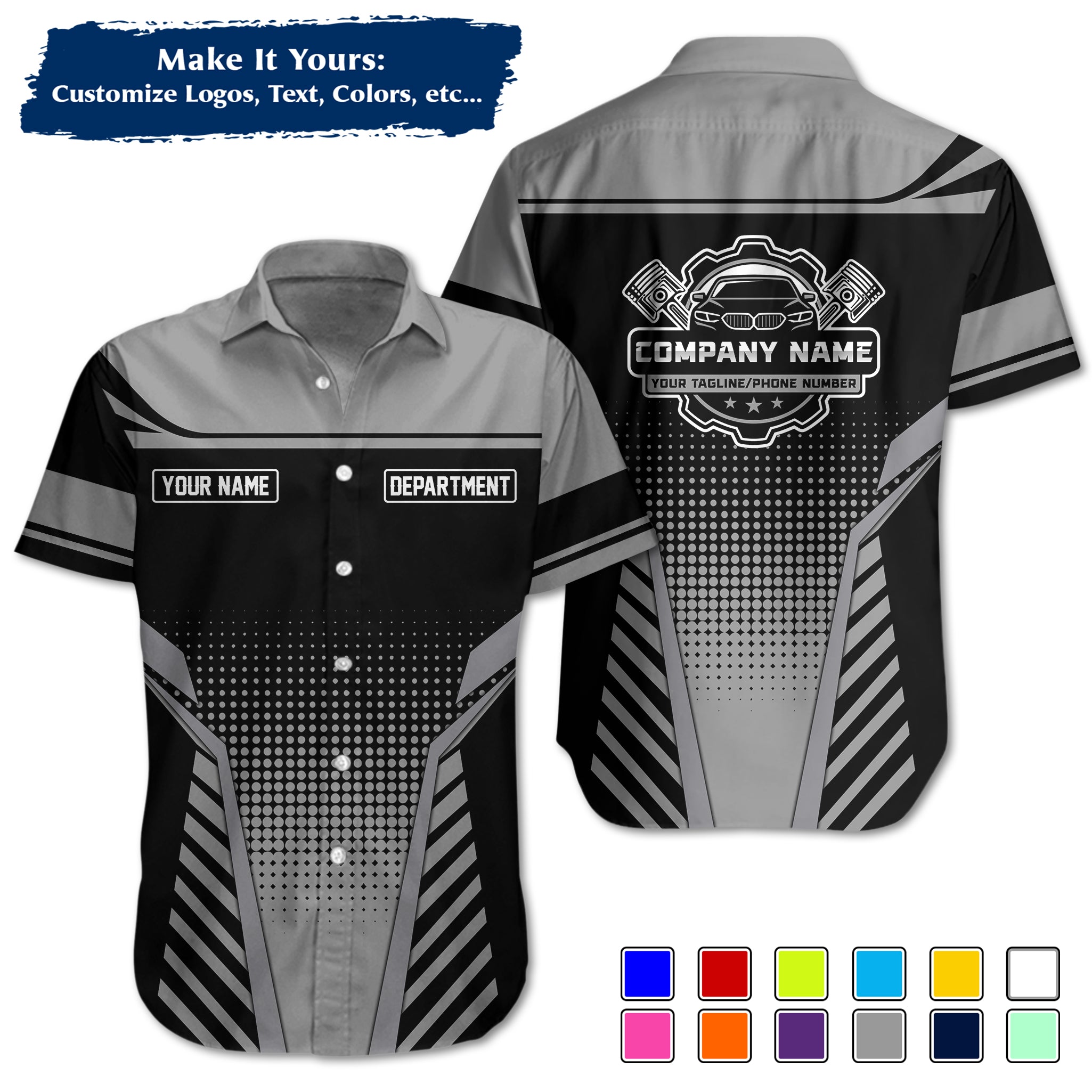 Custom Hawaiian Work Shirt for Auto Mechanics, Add Garage Logo, Name & Contact Info MCNHW10