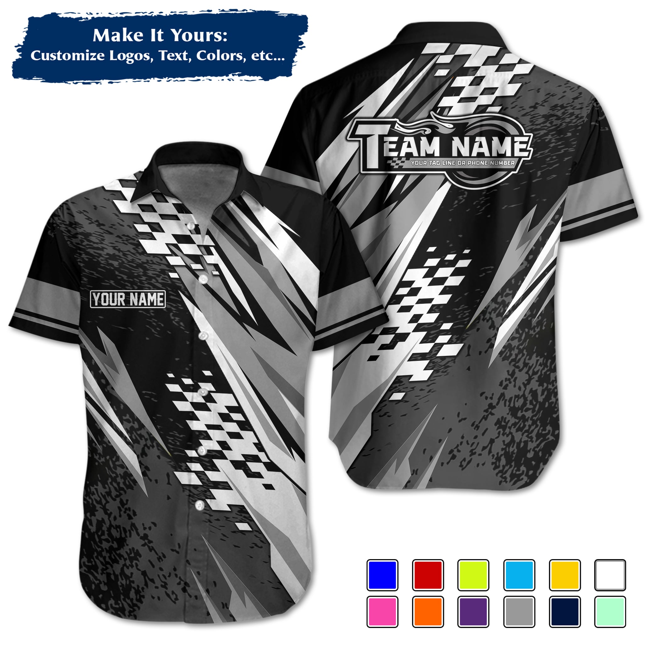 Custom Hawaiian Work Shirt for Race Team Crew Members, Add Team Logo, Name & Contact Info RCHW19