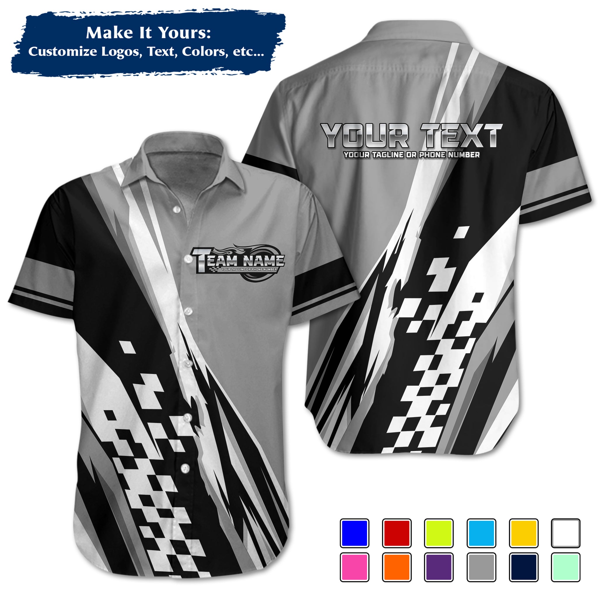 Custom Hawaiian Work Shirt for Race Team Crew Members, Add Team Logo, Name & Contact Info RCHW120