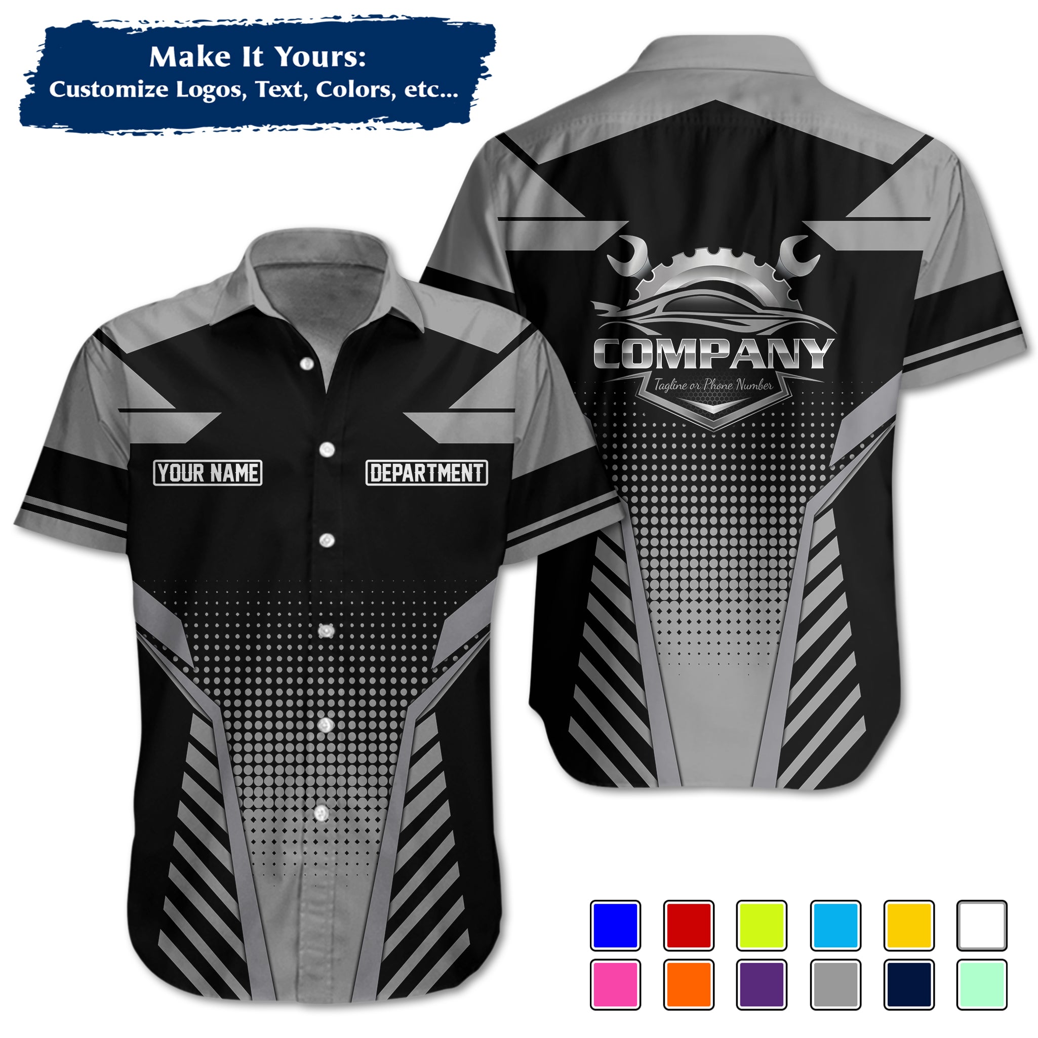 Custom Hawaiian Work Shirt for Auto Mechanics, Add Garage Logo, Name & Contact Info MCNHW11