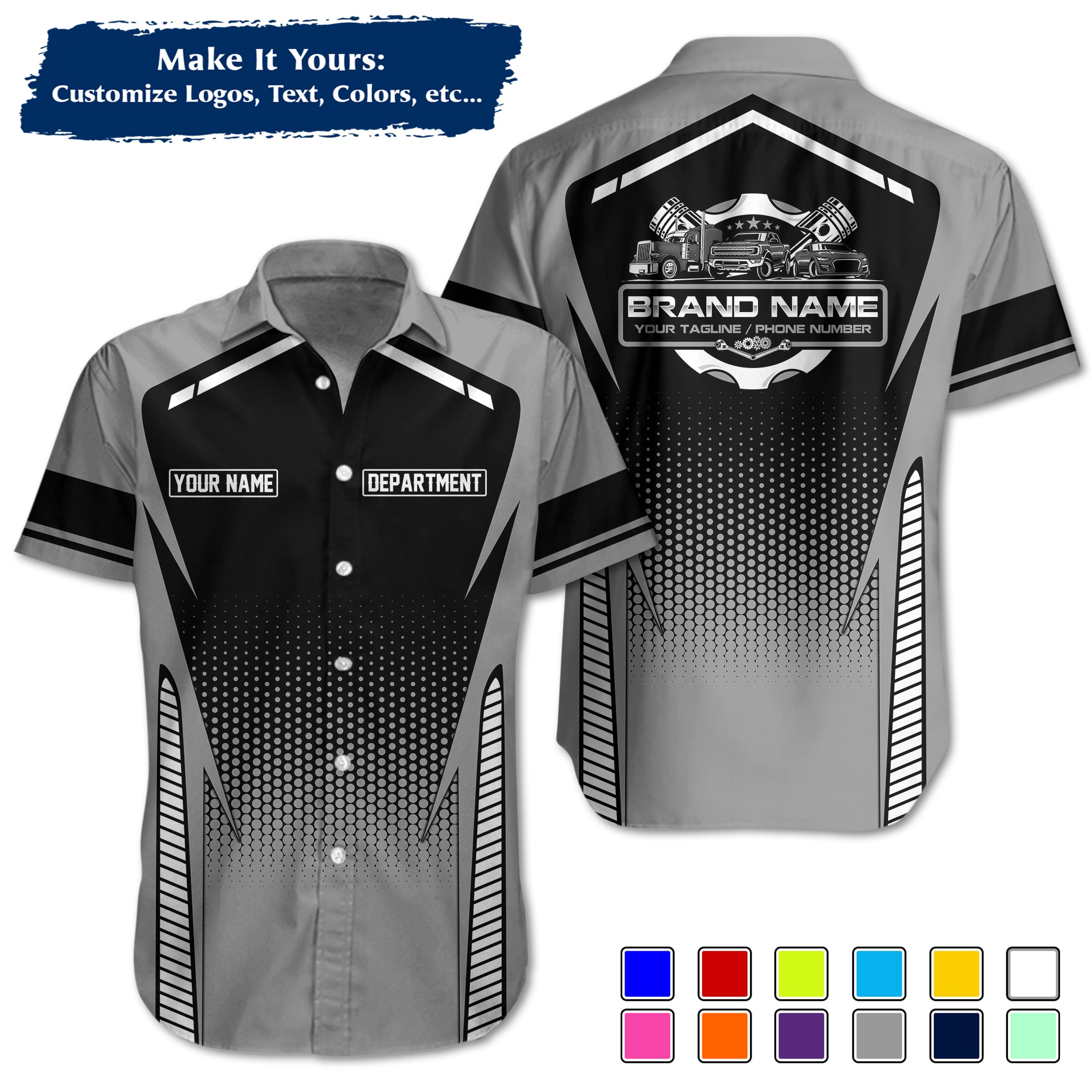 Custom Hawaiian Work Shirt for Auto Mechanics, Add Garage Logo, Name & Contact Info MCNHW15