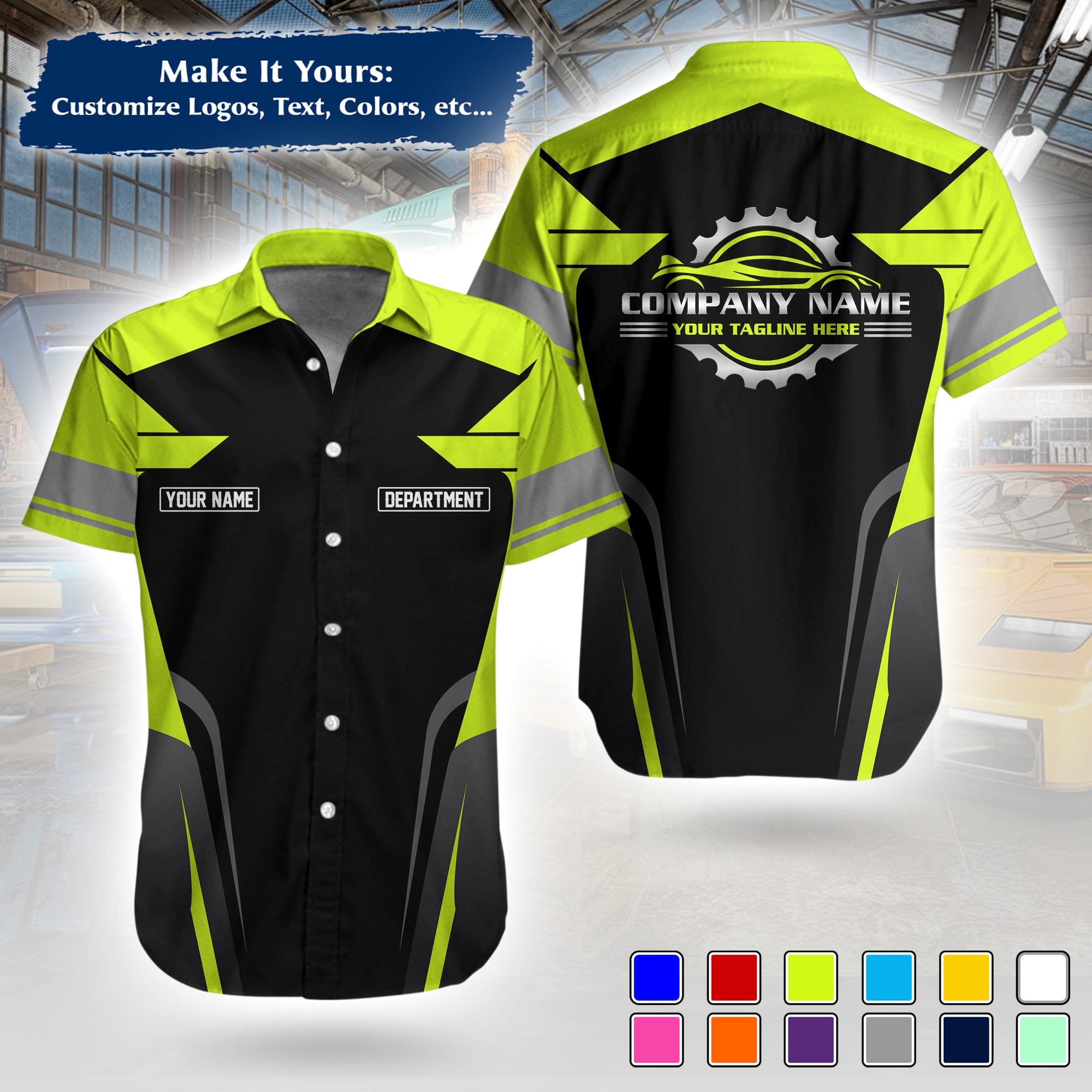 Custom Hawaiian Work Shirt for Auto Mechanics, Add Garage Logo, Name & Contact Info MCNHW01