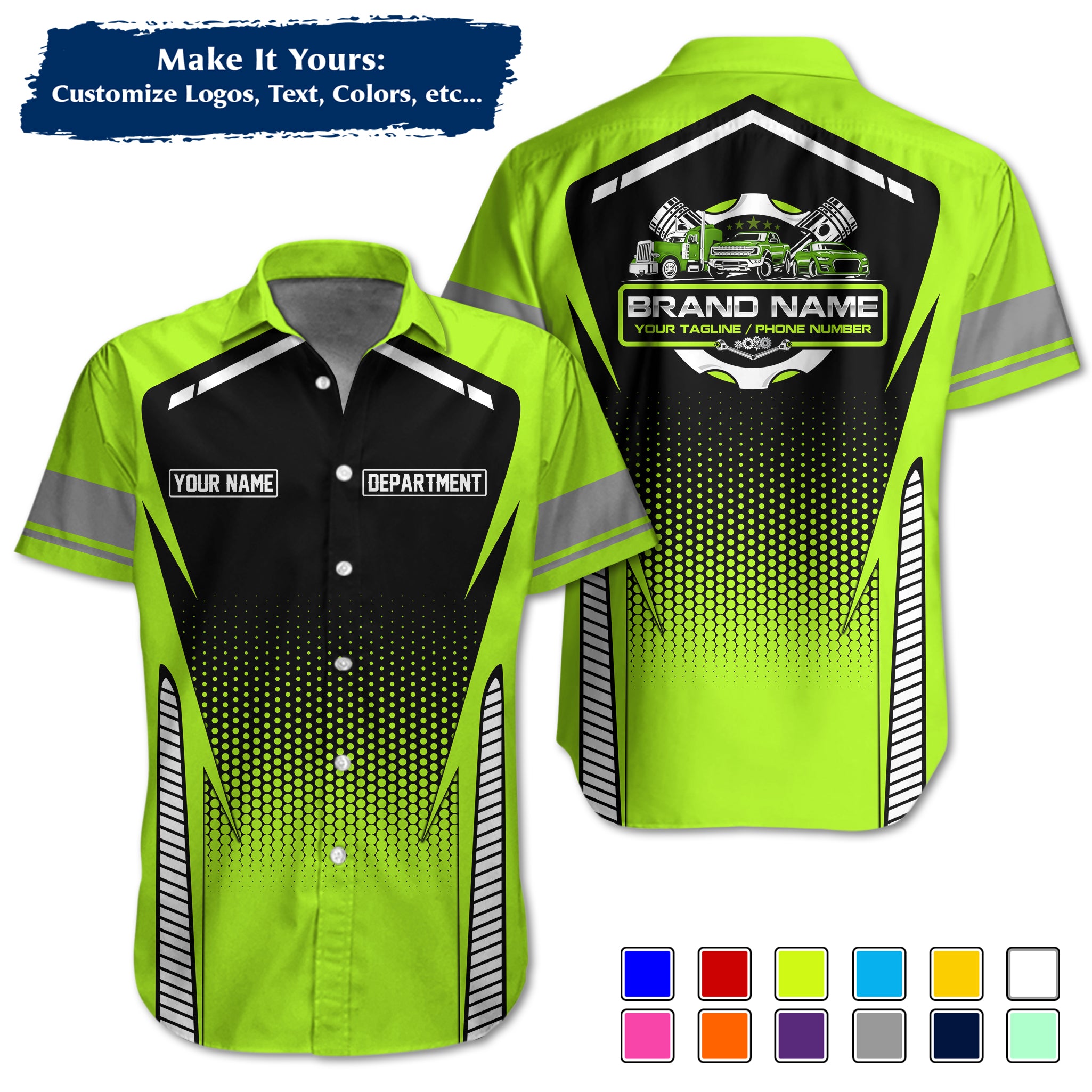 Custom Hawaiian Work Shirt for Auto Mechanics, Add Garage Logo, Name & Contact Info MCNHW15