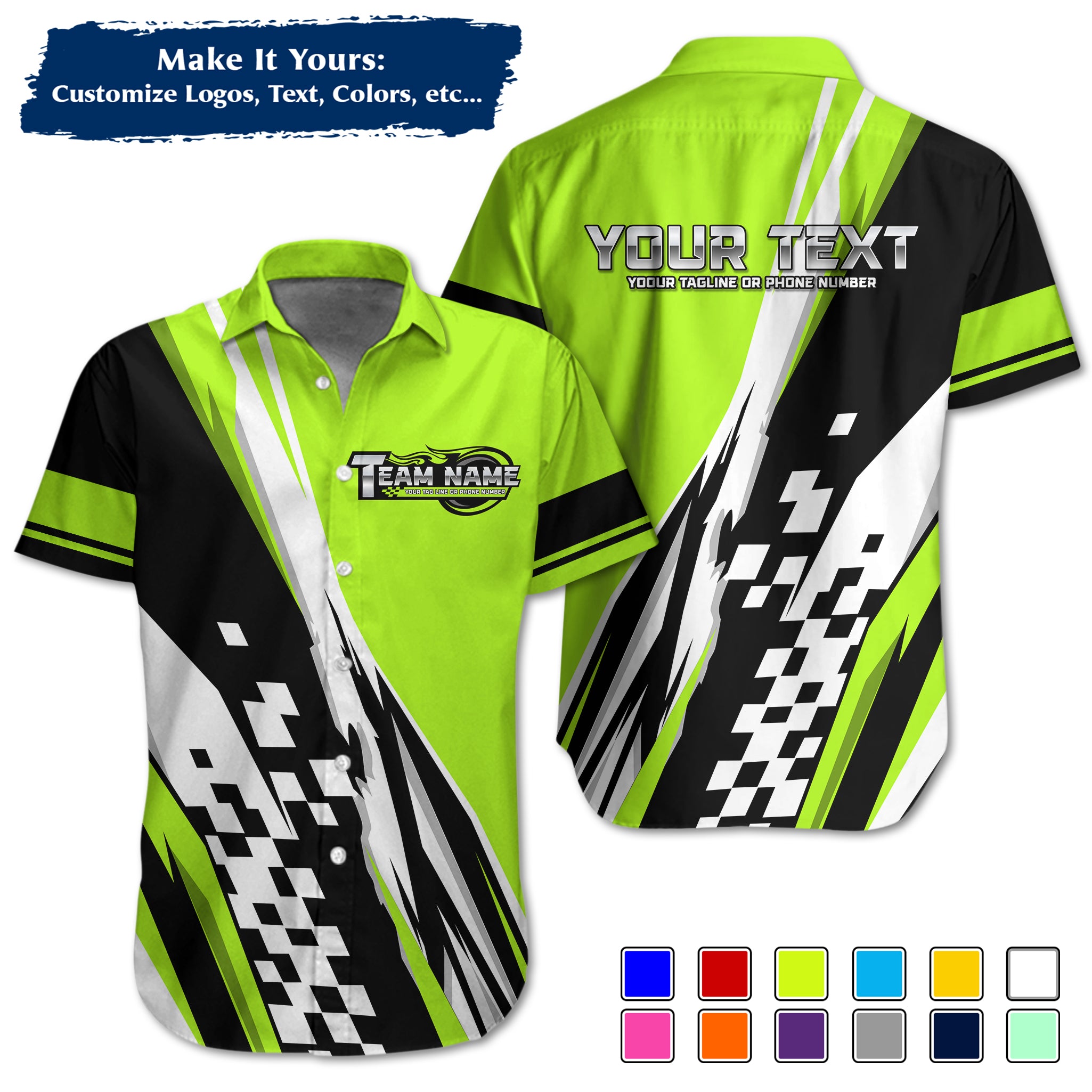Custom Hawaiian Work Shirt for Race Team Crew Members, Add Team Logo, Name & Contact Info RCHW120
