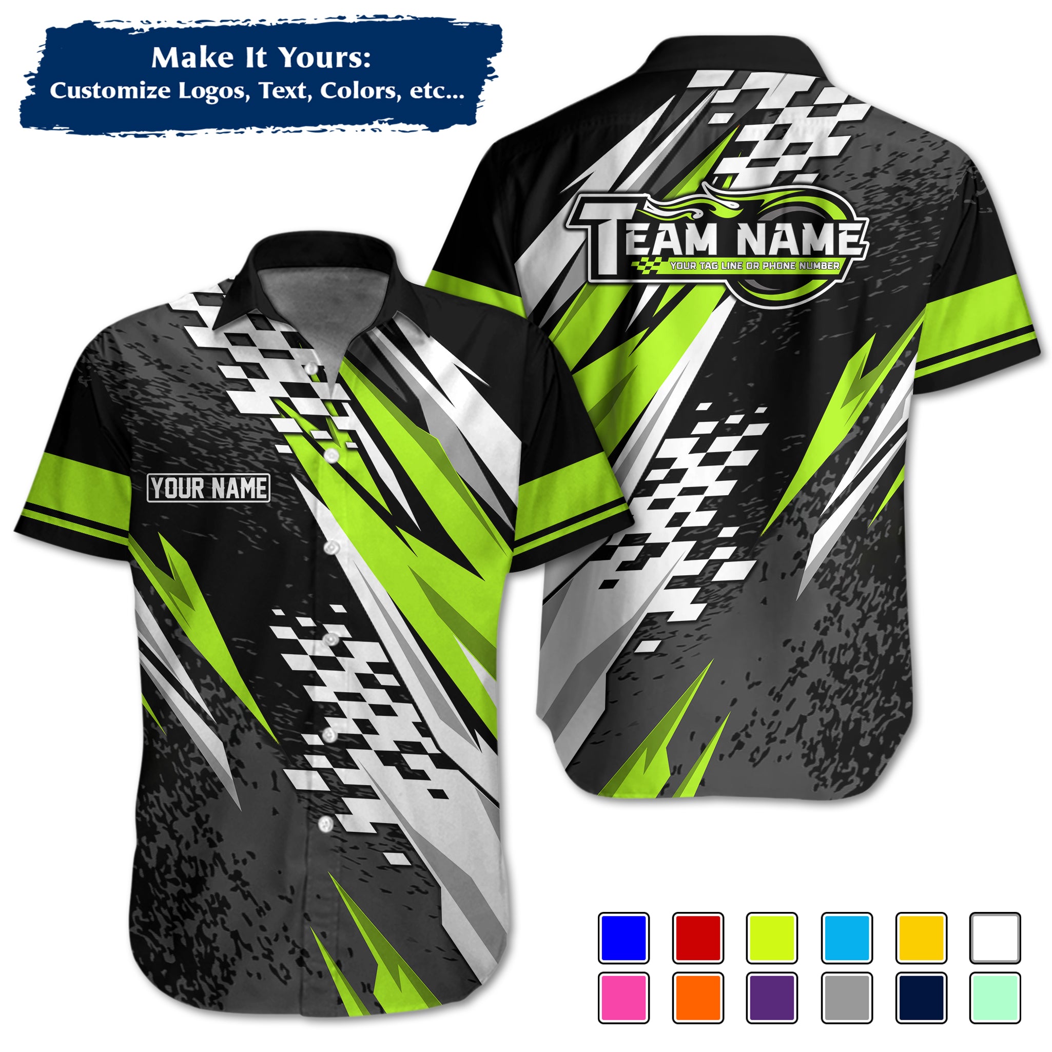 Custom Hawaiian Work Shirt for Race Team Crew Members, Add Team Logo, Name & Contact Info RCHW19