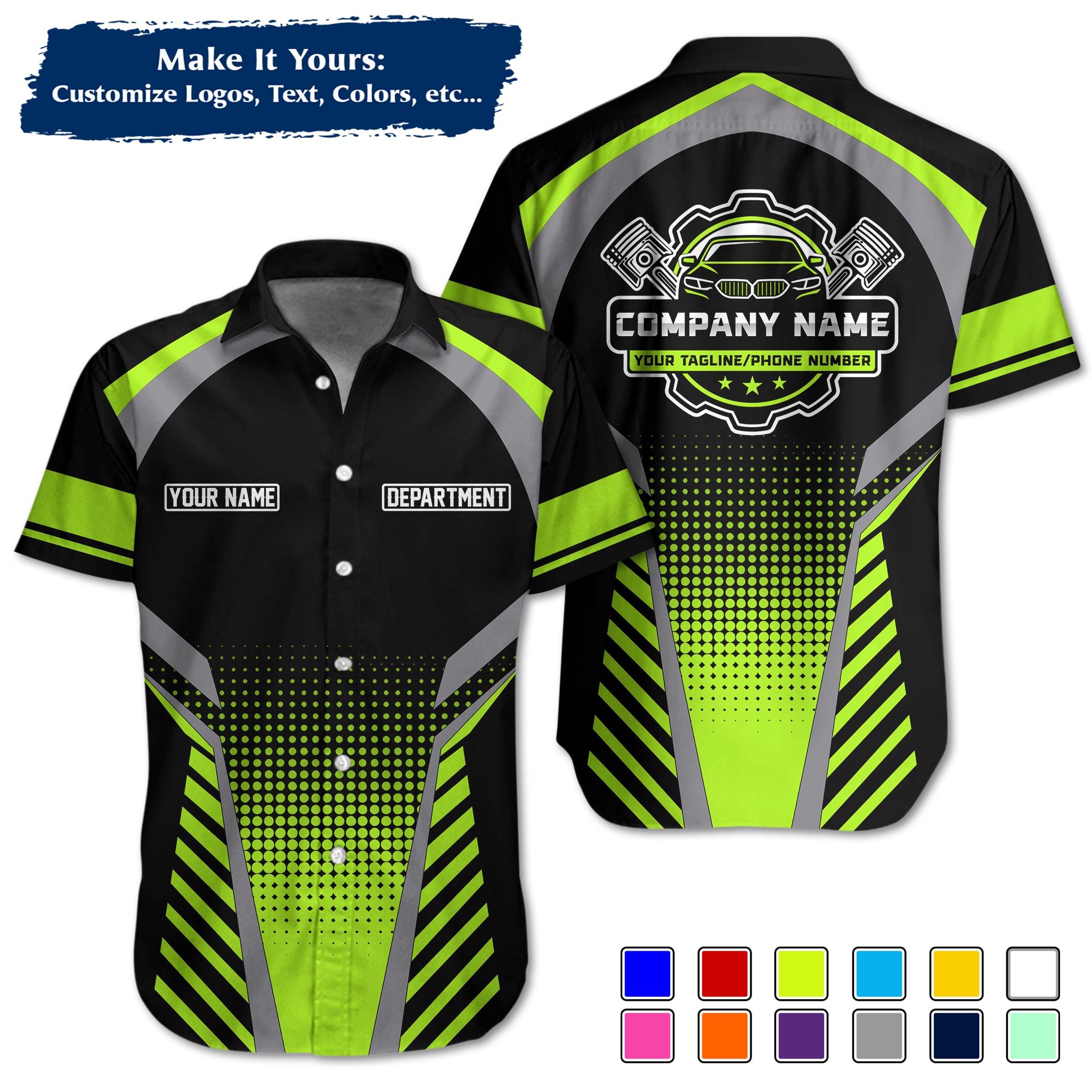 Custom Hawaiian Work Shirt for Auto Mechanics, Add Garage Logo, Name & Contact Info MCNHW14