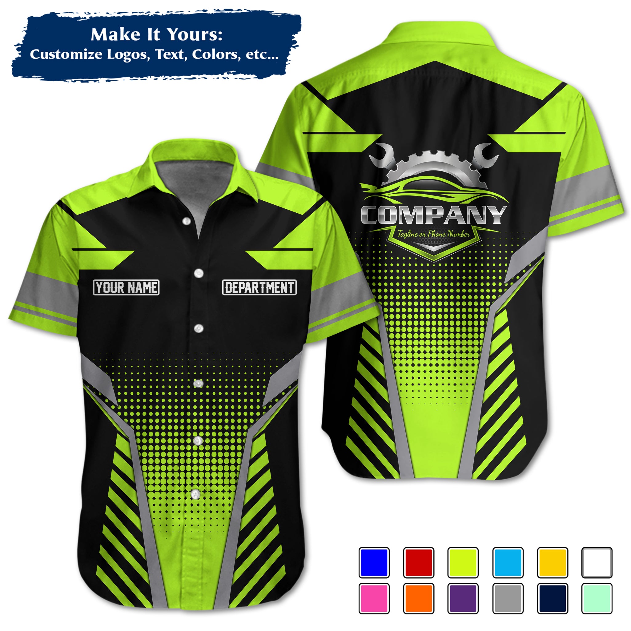 Custom Hawaiian Work Shirt for Auto Mechanics, Add Garage Logo, Name & Contact Info MCNHW11