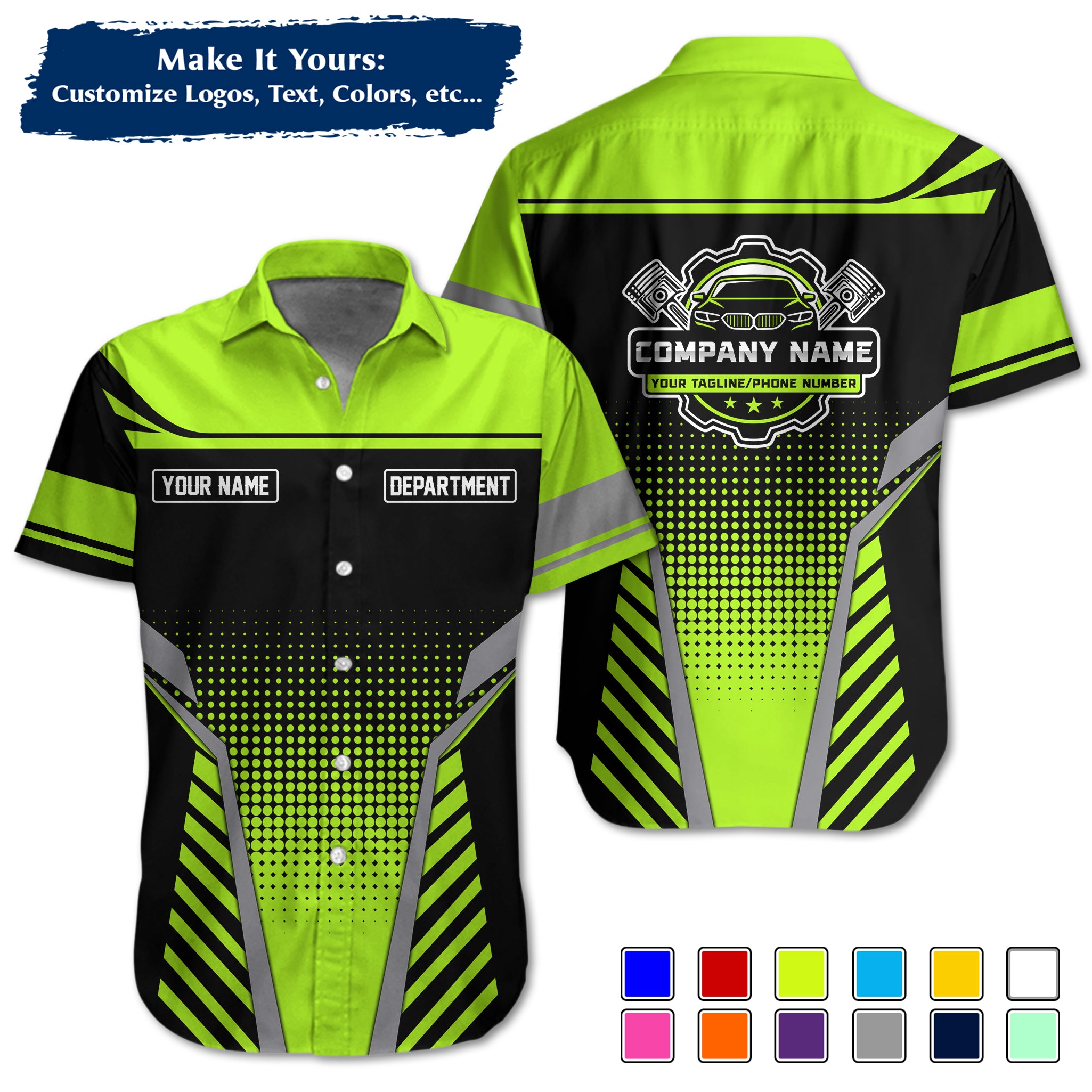 Custom Hawaiian Work Shirt for Auto Mechanics, Add Garage Logo, Name & Contact Info MCNHW10