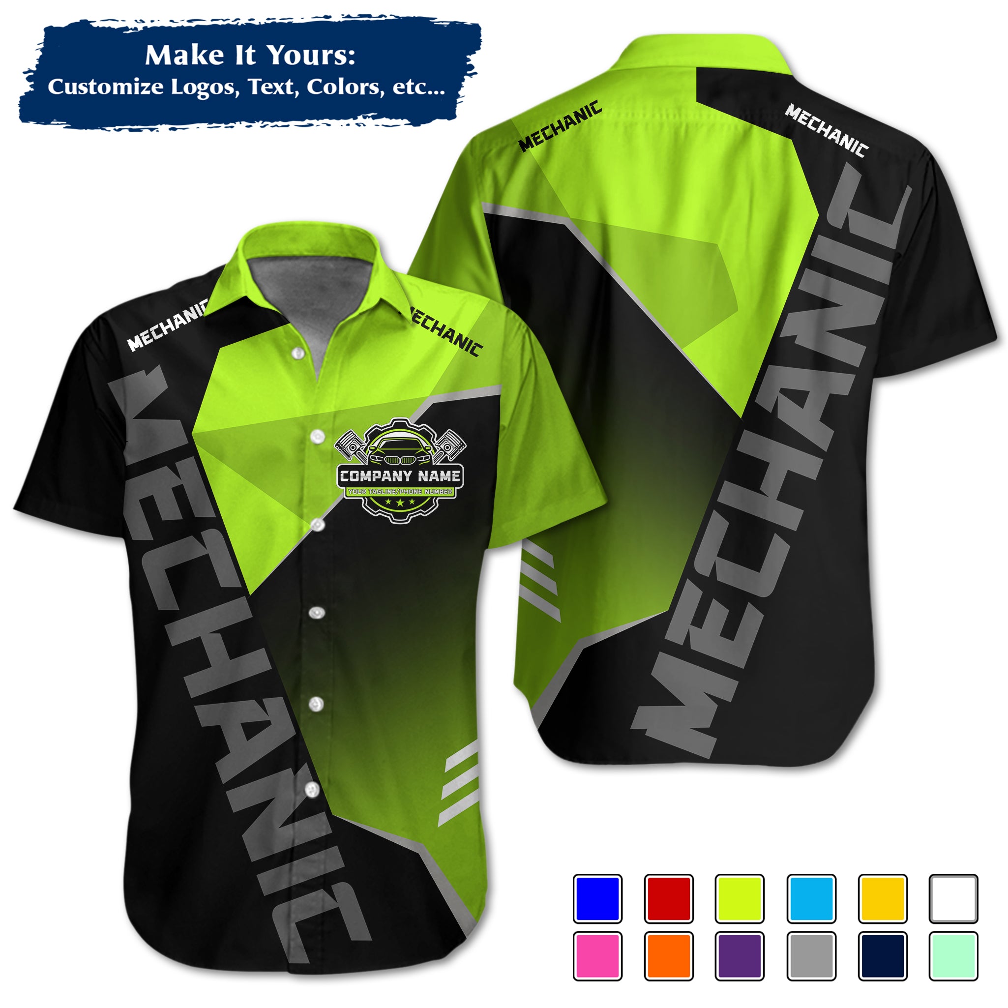 Custom Hawaiian Work Shirt for Auto Mechanics, Add Garage Logo, Name & Contact Info MCNHW21