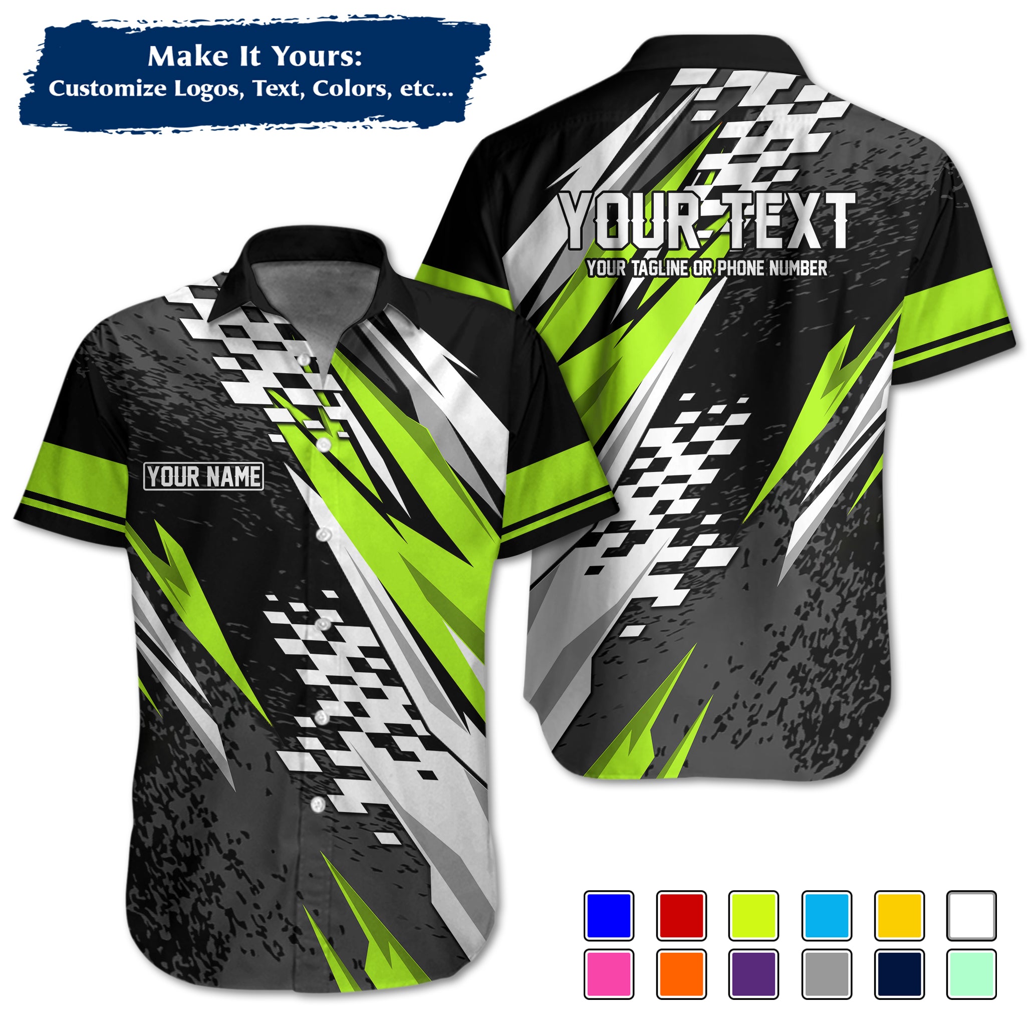 Custom Hawaiian Work Shirt for Race Team Crew Members, Add Team Logo, Name & Contact Info RCHW18