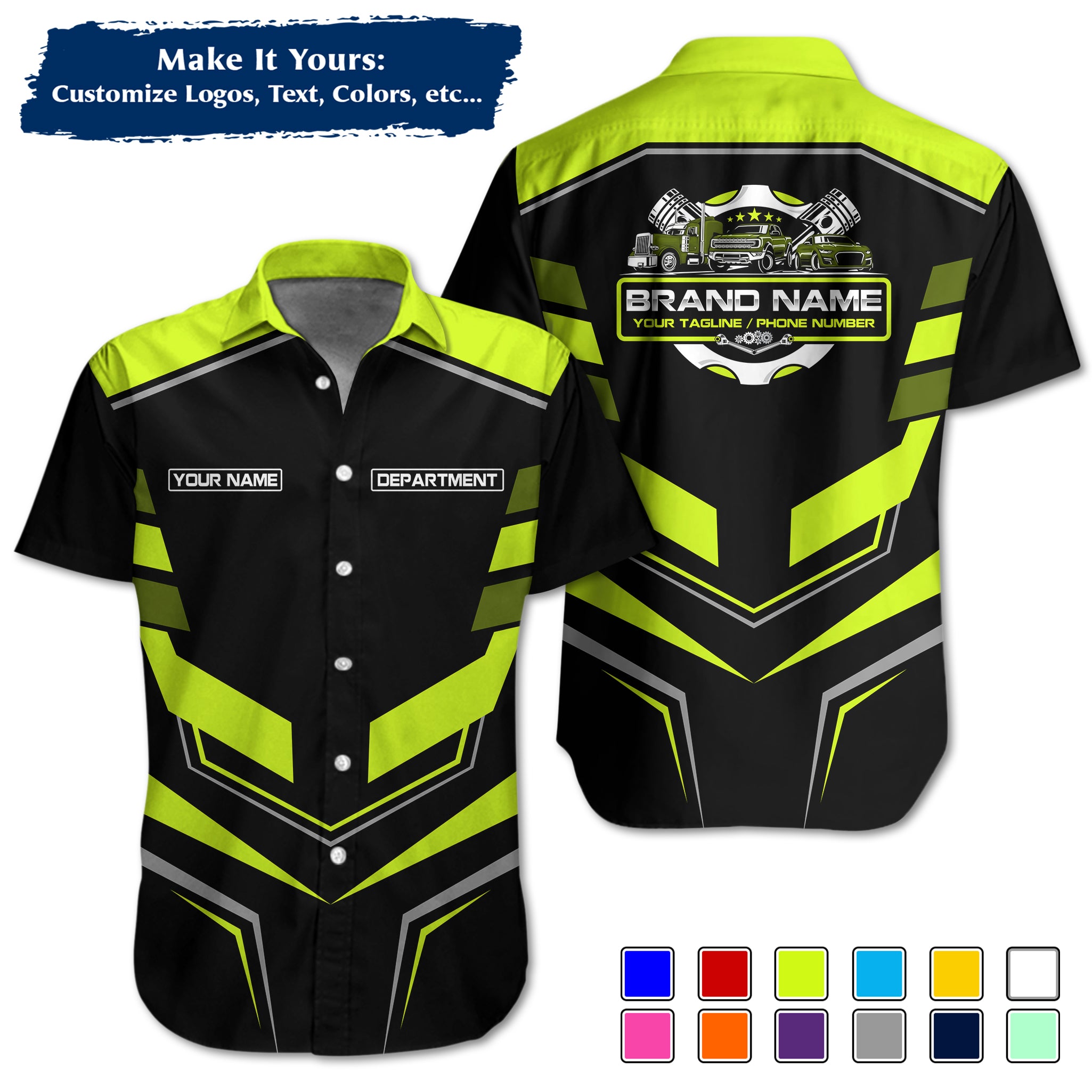 Custom Hawaiian Work Shirt for Auto Mechanics, Add Garage Logo, Name & Contact Info MCNHW05