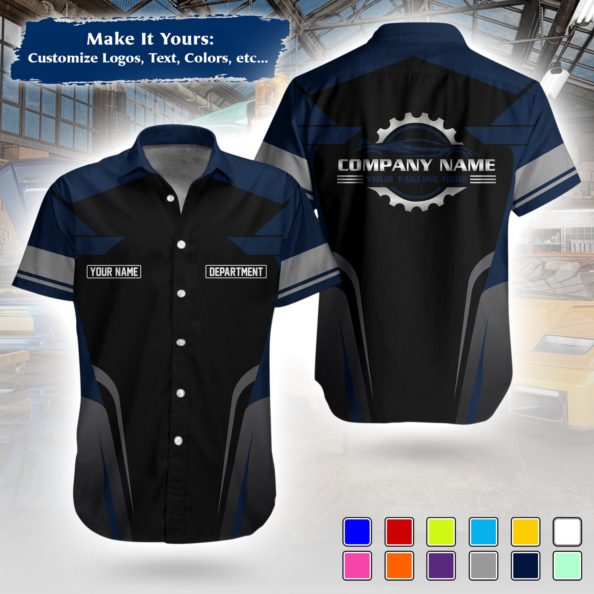 Custom Hawaiian Work Shirt for Auto Mechanics, Add Garage Logo, Name & Contact Info MCNHW01