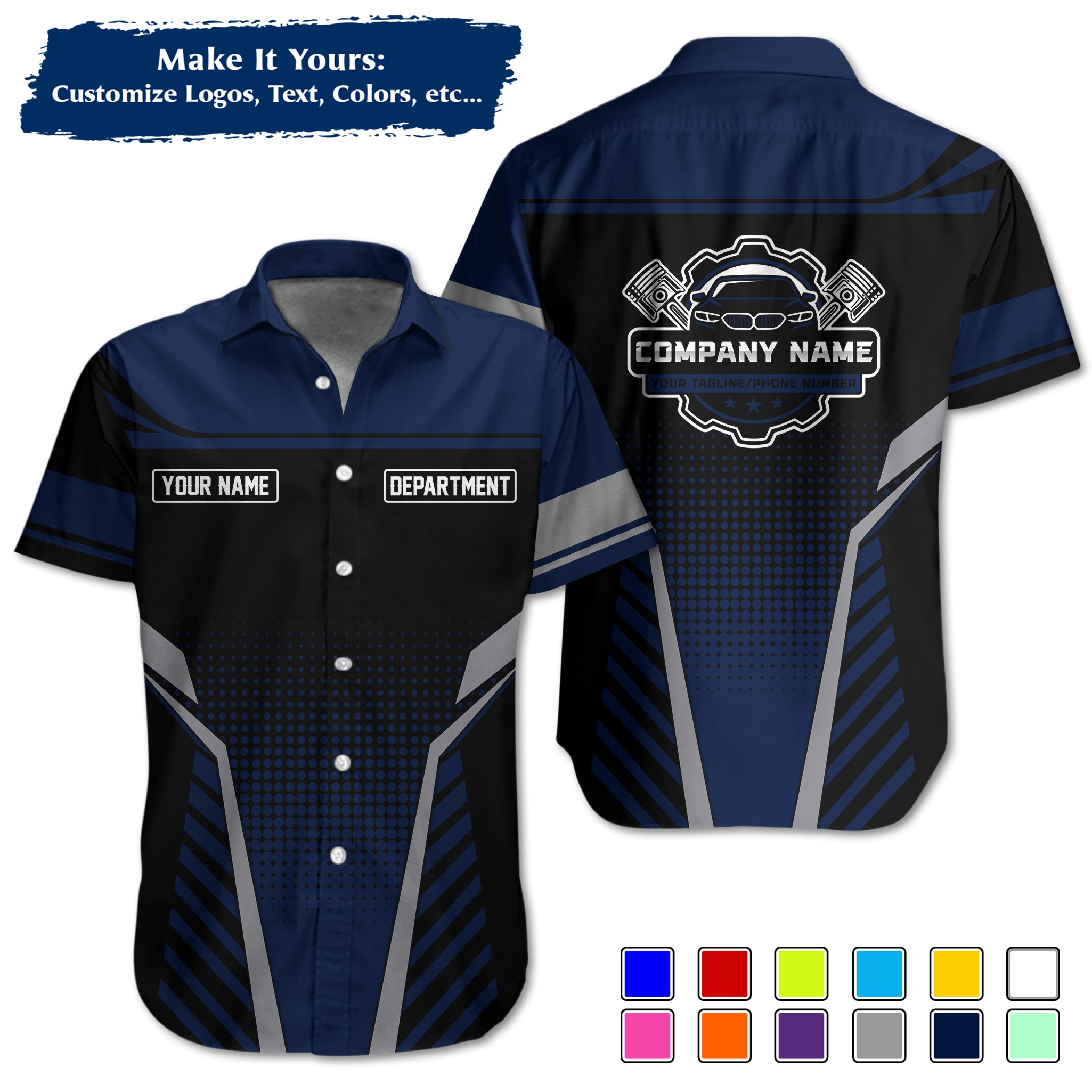 Custom Hawaiian Work Shirt for Auto Mechanics, Add Garage Logo, Name & Contact Info MCNHW10