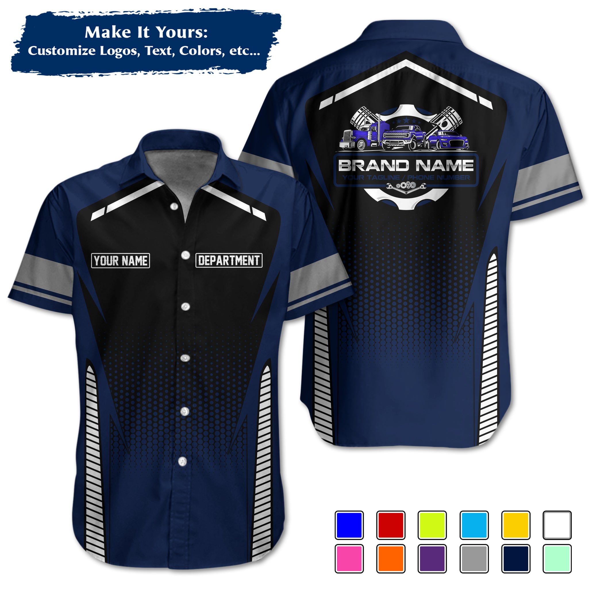 Custom Hawaiian Work Shirt for Auto Mechanics, Add Garage Logo, Name & Contact Info MCNHW15